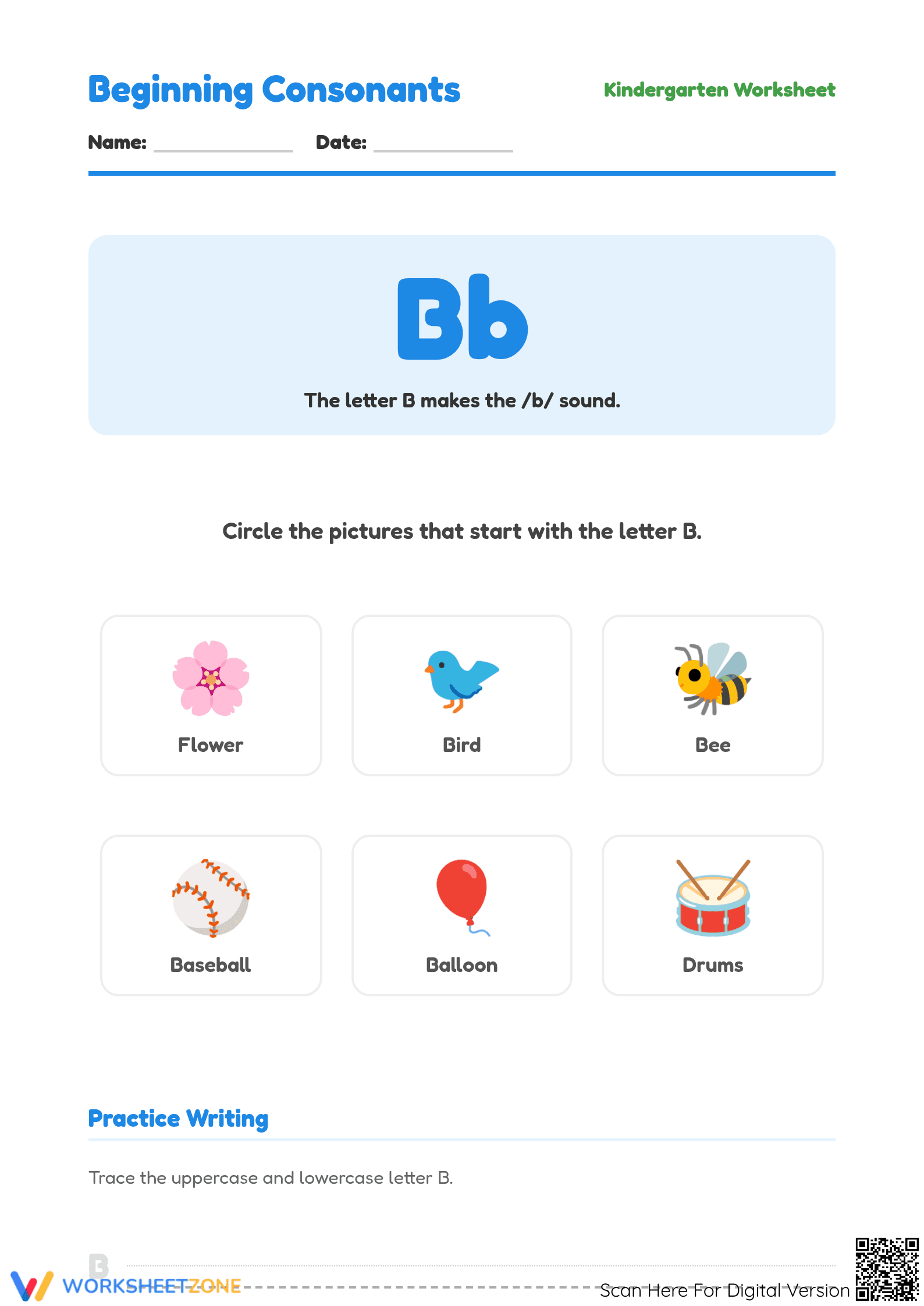 Letter B Phonics Worksheet | Printable Kindergarten ELA - Page 1