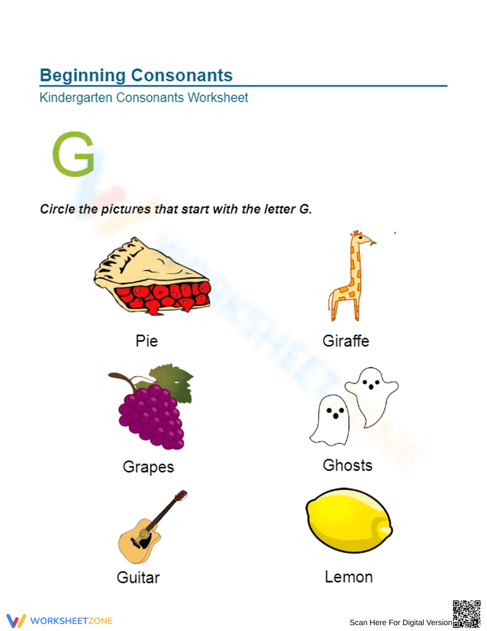 Essential Letter G Beginning Consonants Worksheet | Pre-K - Page 1