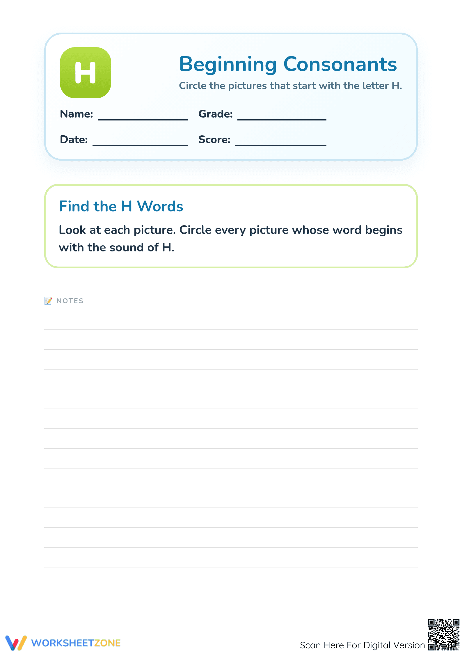 Letter H Beginning Consonants — Printable No-Prep Worksheet - Page 1