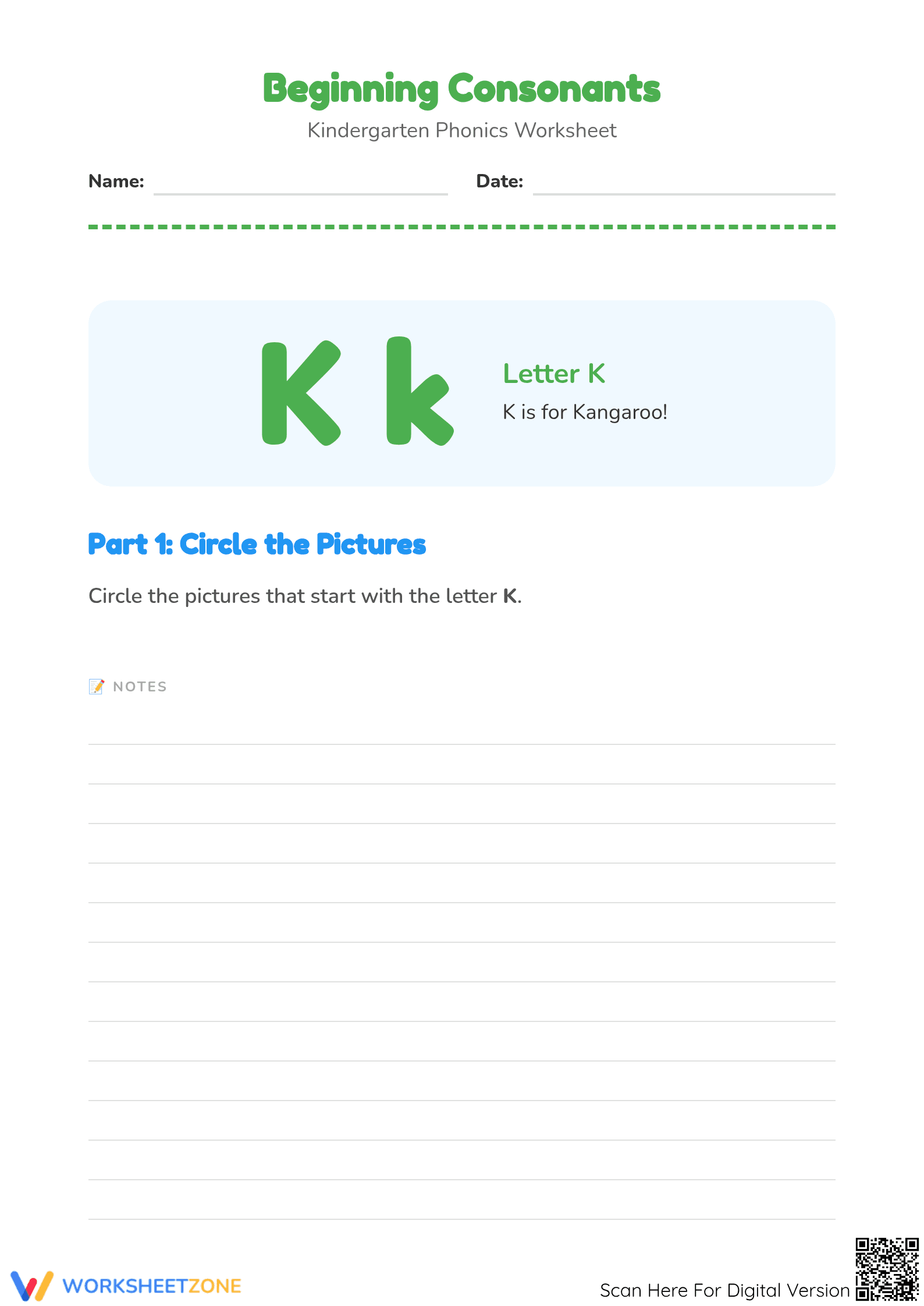 Beginning Consonants Letter K Worksheet | Essential Phonics - Page 1