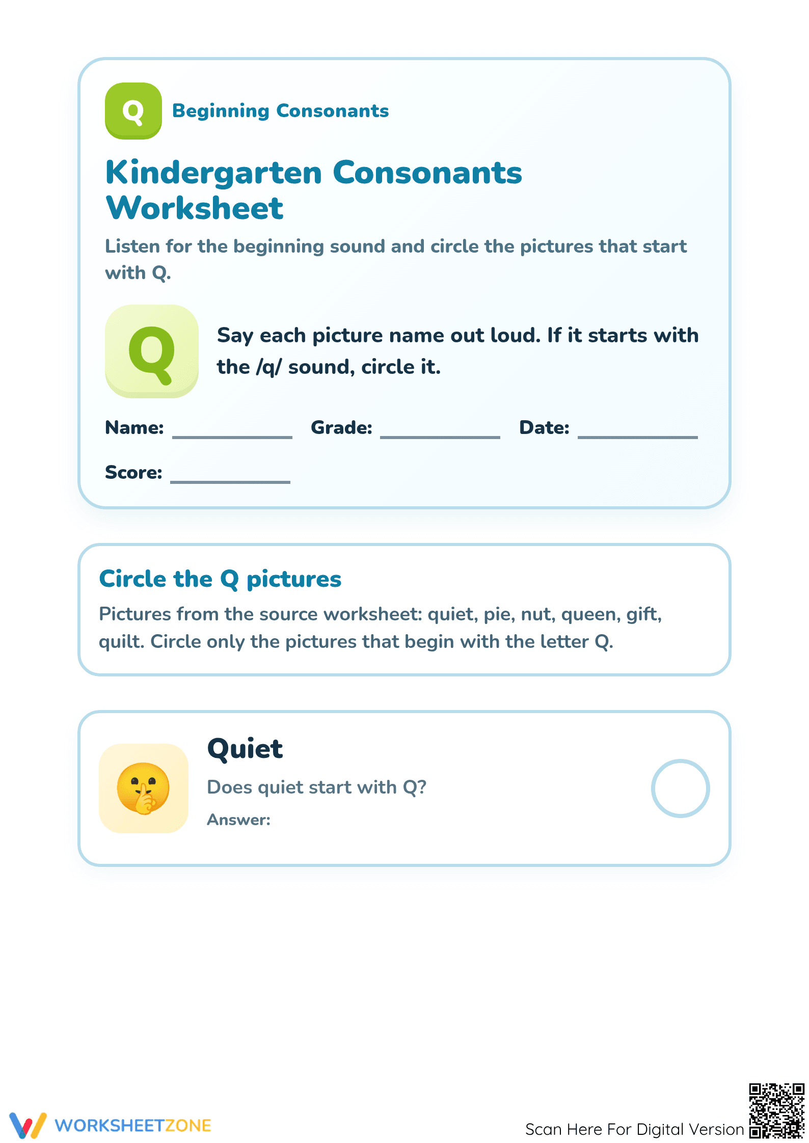 Printable Beginning Consonants Letter Q Worksheet | Grade K - Page 1