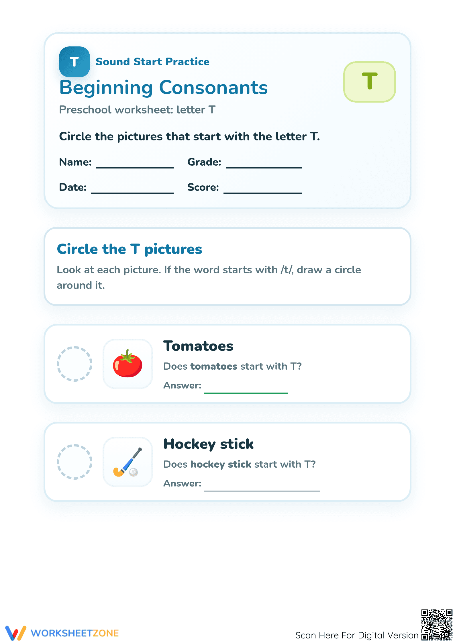 Beginning Consonants Letter T Printable | Grade Preschool - Page 1