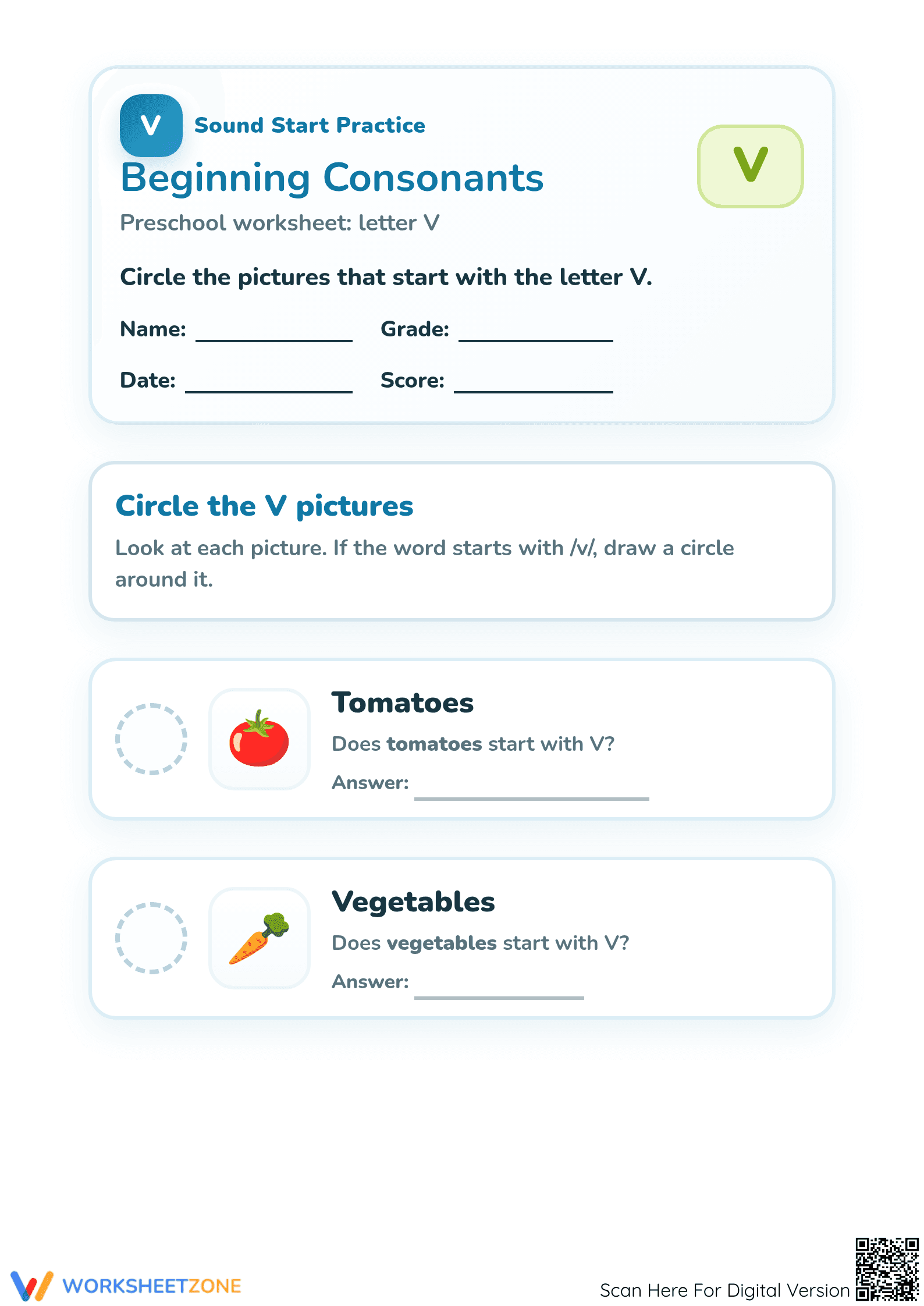 Essential Letter V Phonics Worksheet | Preschool - Page 1