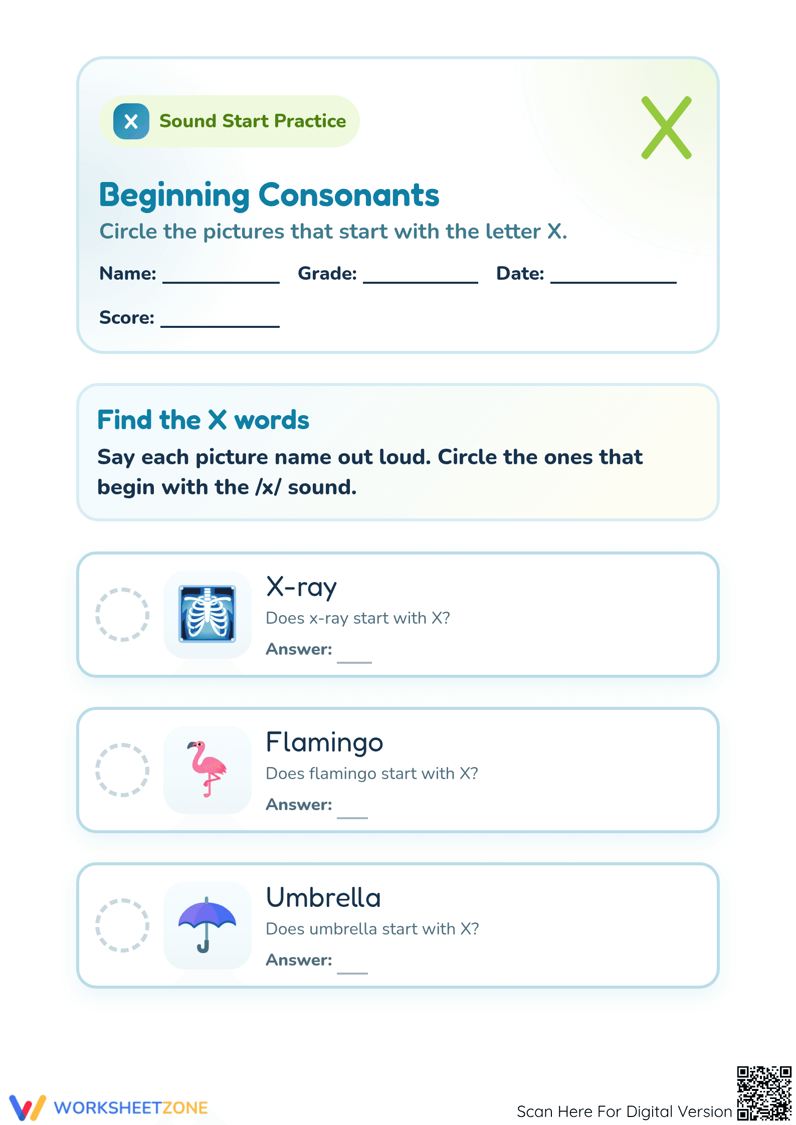 Beginning Consonants Letter X Worksheet | Printable - Page 1