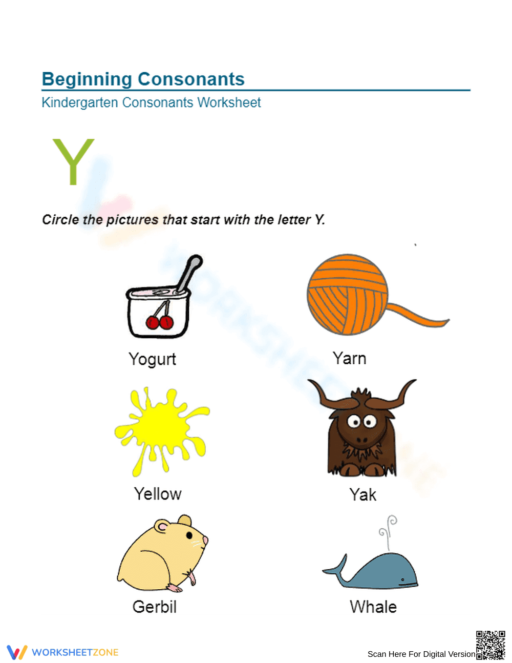 Essential Letter Y Beginning Consonants Worksheet - Page 1