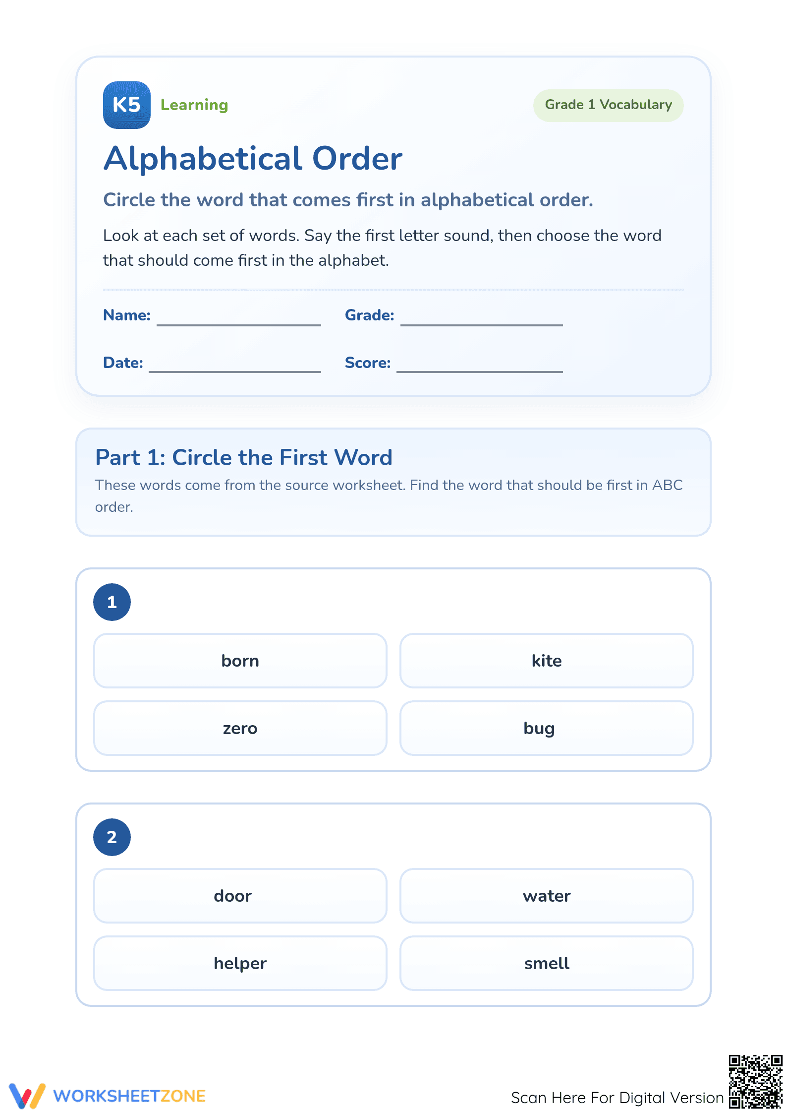 Essential Alphabetical Order Worksheet | Grade 1 Printable - Page 1