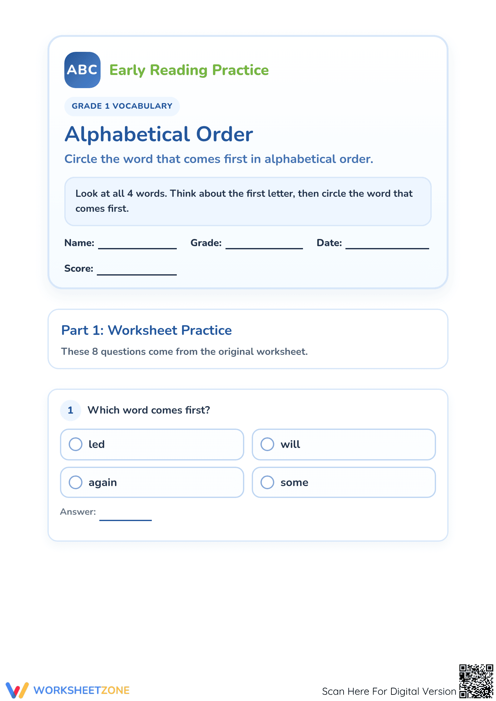 Grade 1 Alphabetical Order | Essential Printable Worksheet - Page 1