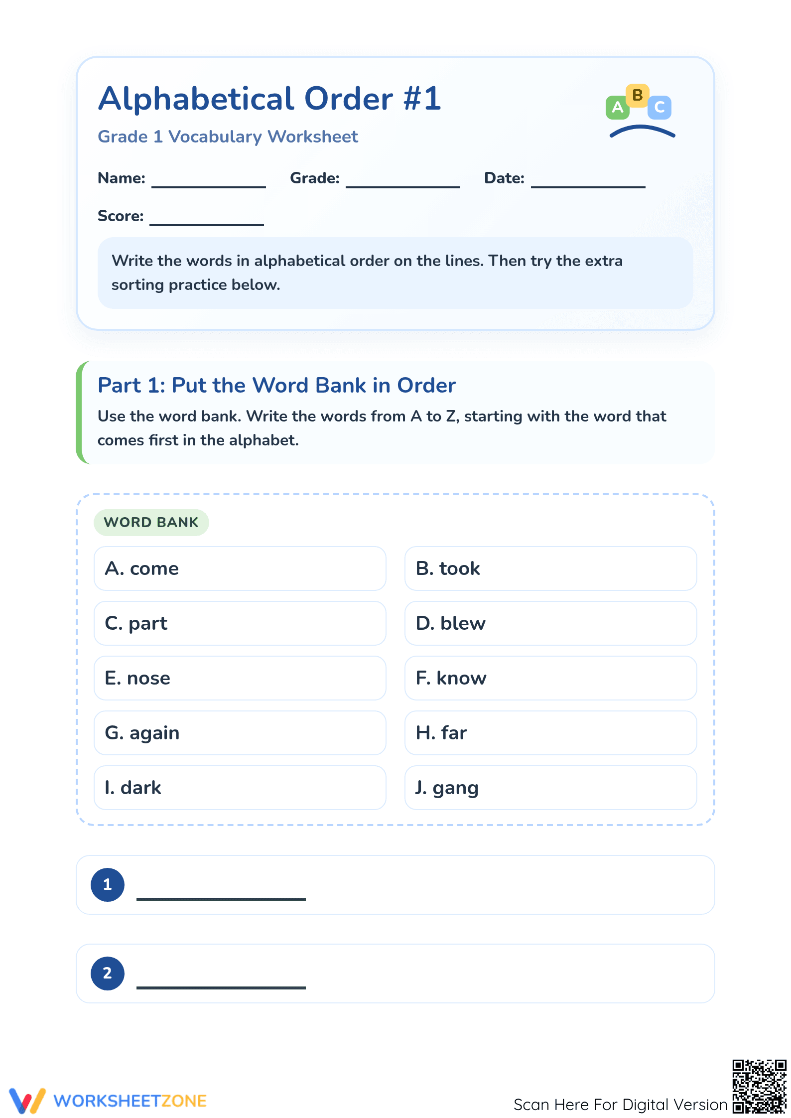 Grade 1 Alphabetical Order — Printable No-Prep Worksheet - Page 1