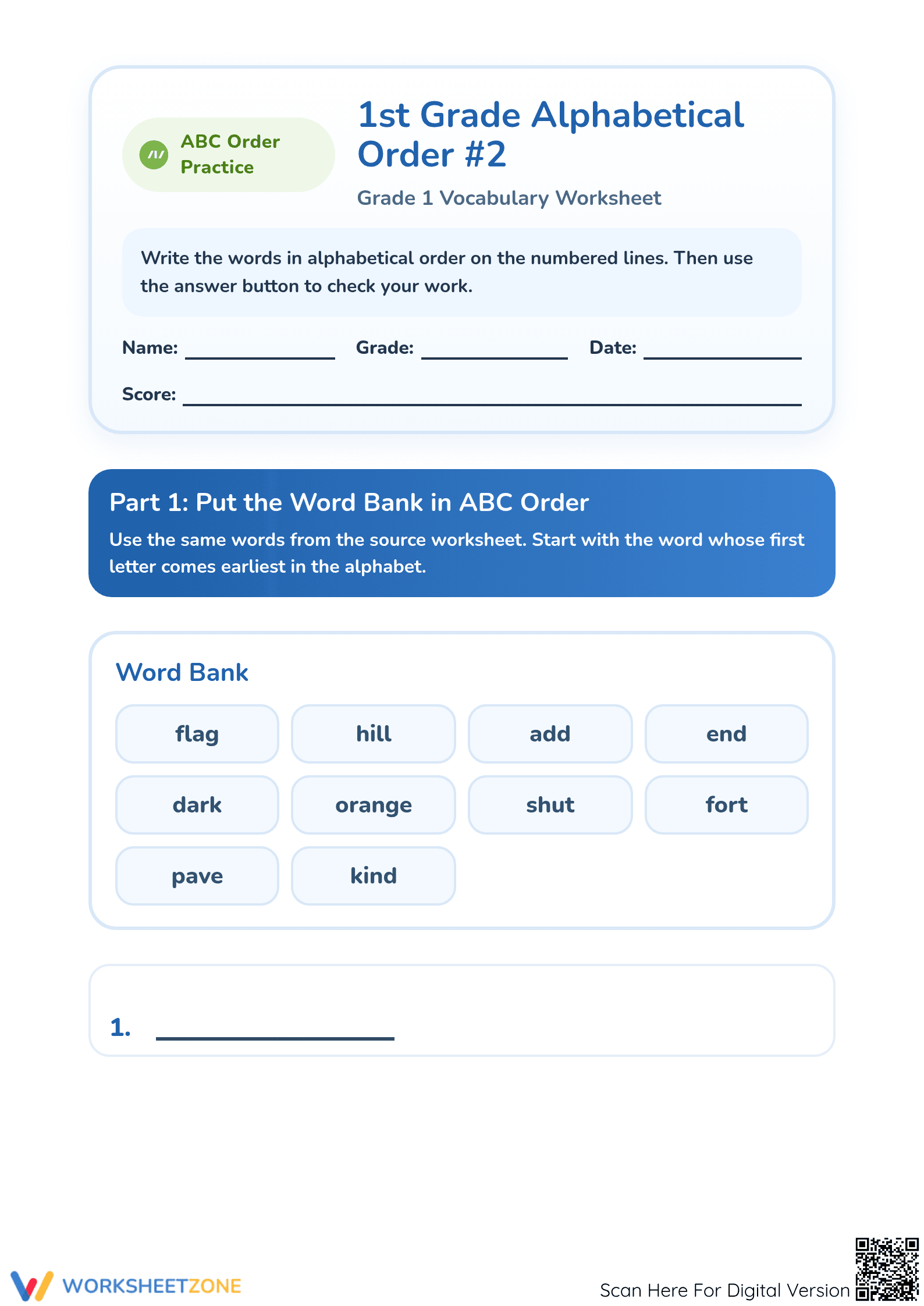 Printable Alphabetical Order Worksheet | Grade 1 Essential - Page 1