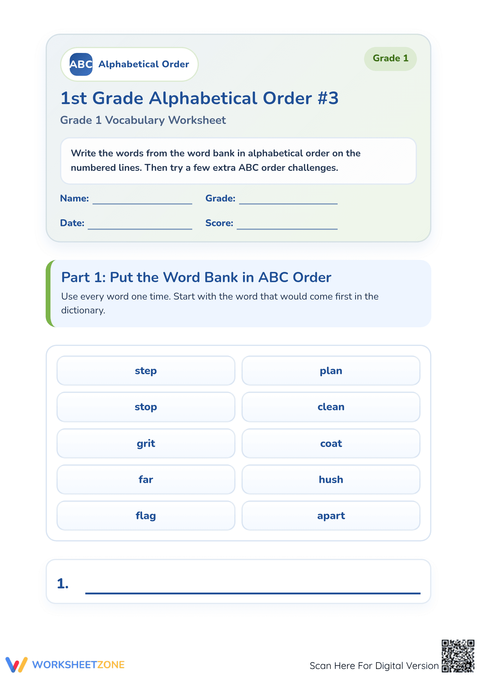 Alphabetical Order Worksheet | Printable Grade 1 ELA - Page 1
