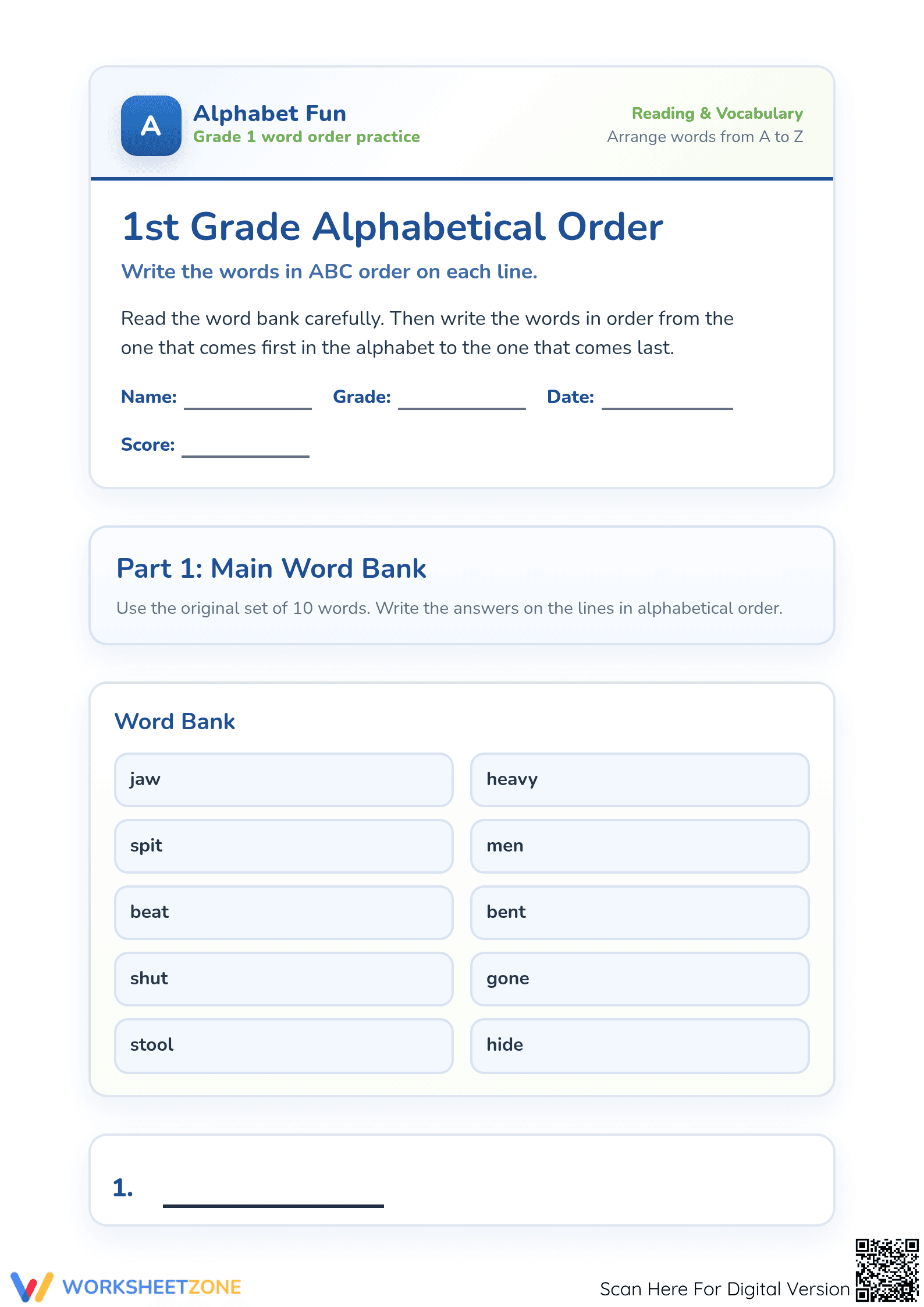 Printable 1st Grade Alphabetical Order Worksheet | Essential - Page 1