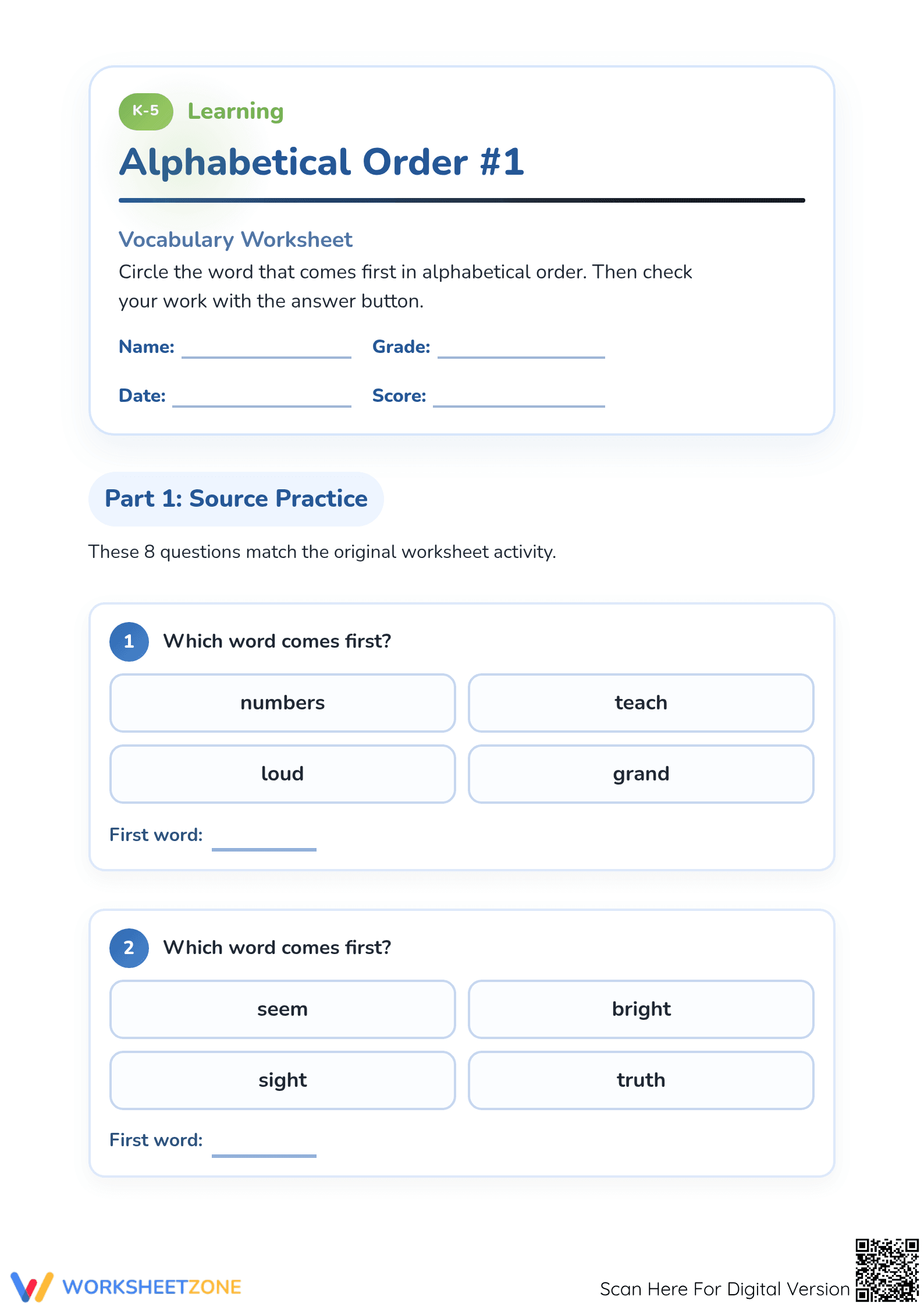 Grade 1 ABC Order — Printable No-Prep Worksheet - Page 1
