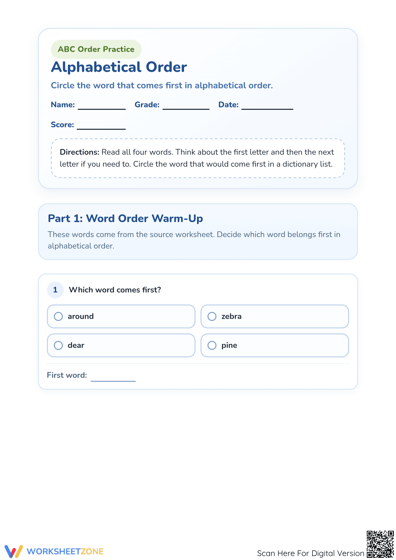 Grade 1 Alphabetical Order — Printable No-Prep Worksheet - Page 1