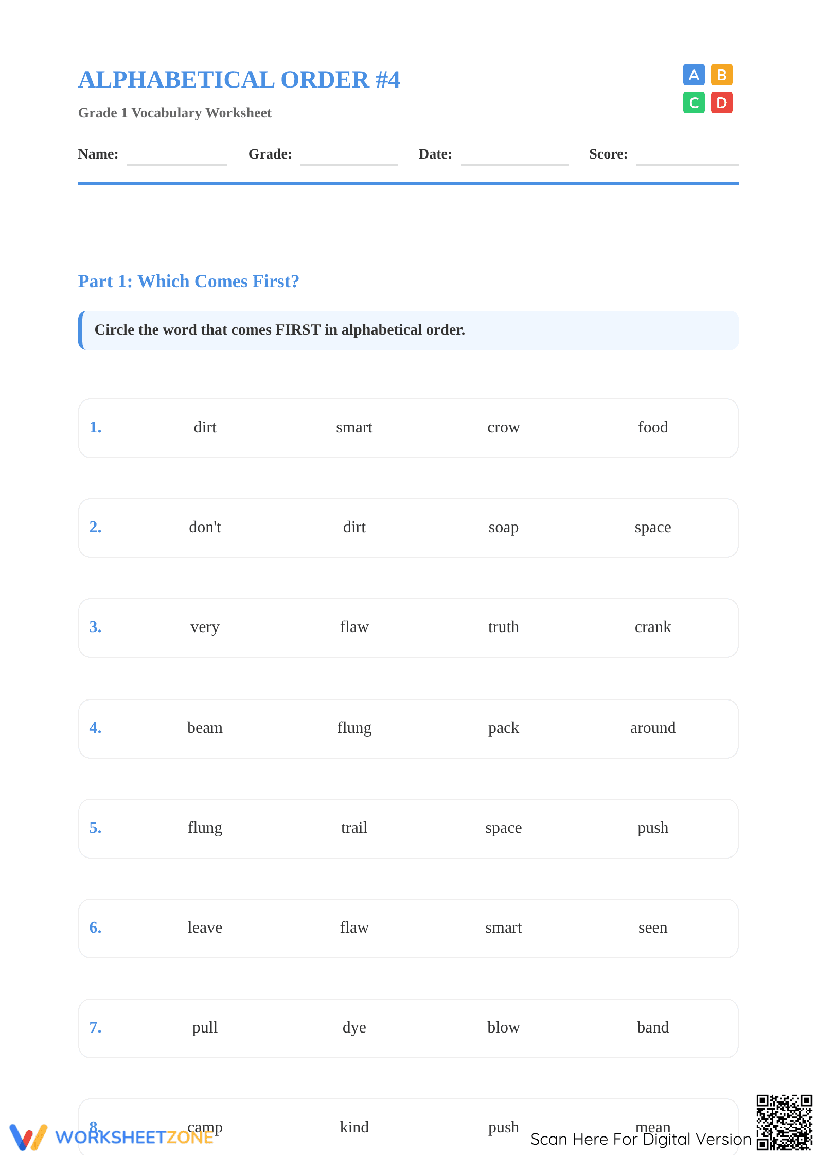 Alphabetical Order Worksheet | Grade 1 Essential Practice - Page 1