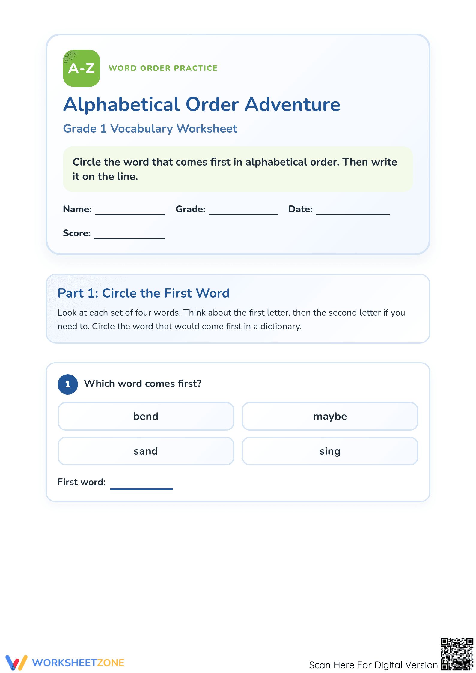 Printable Alphabetical Order Worksheet | Grade 1 ELA - Page 1