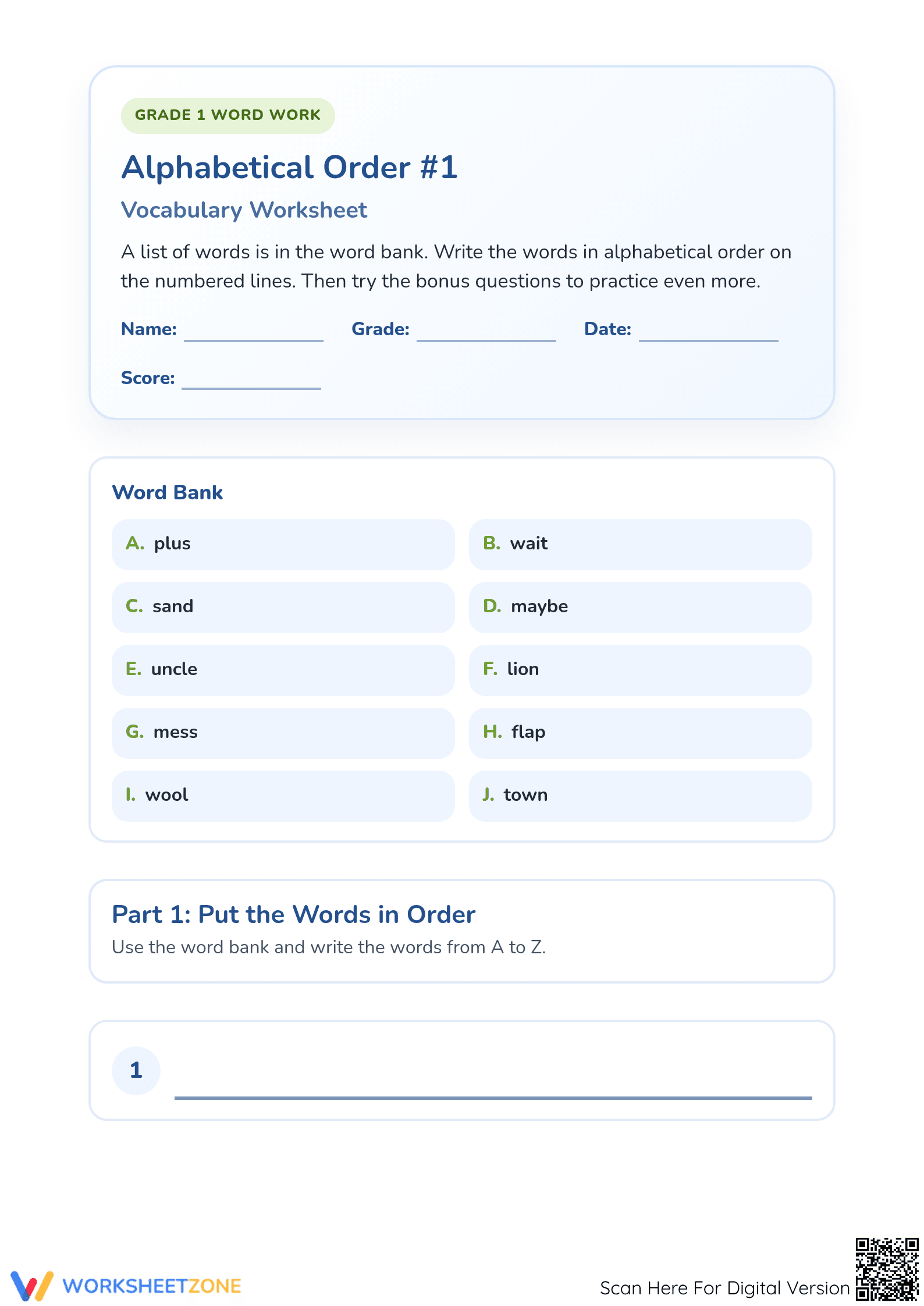 Printable Alphabetical Order Worksheet | Grade 1 ELA - Page 1