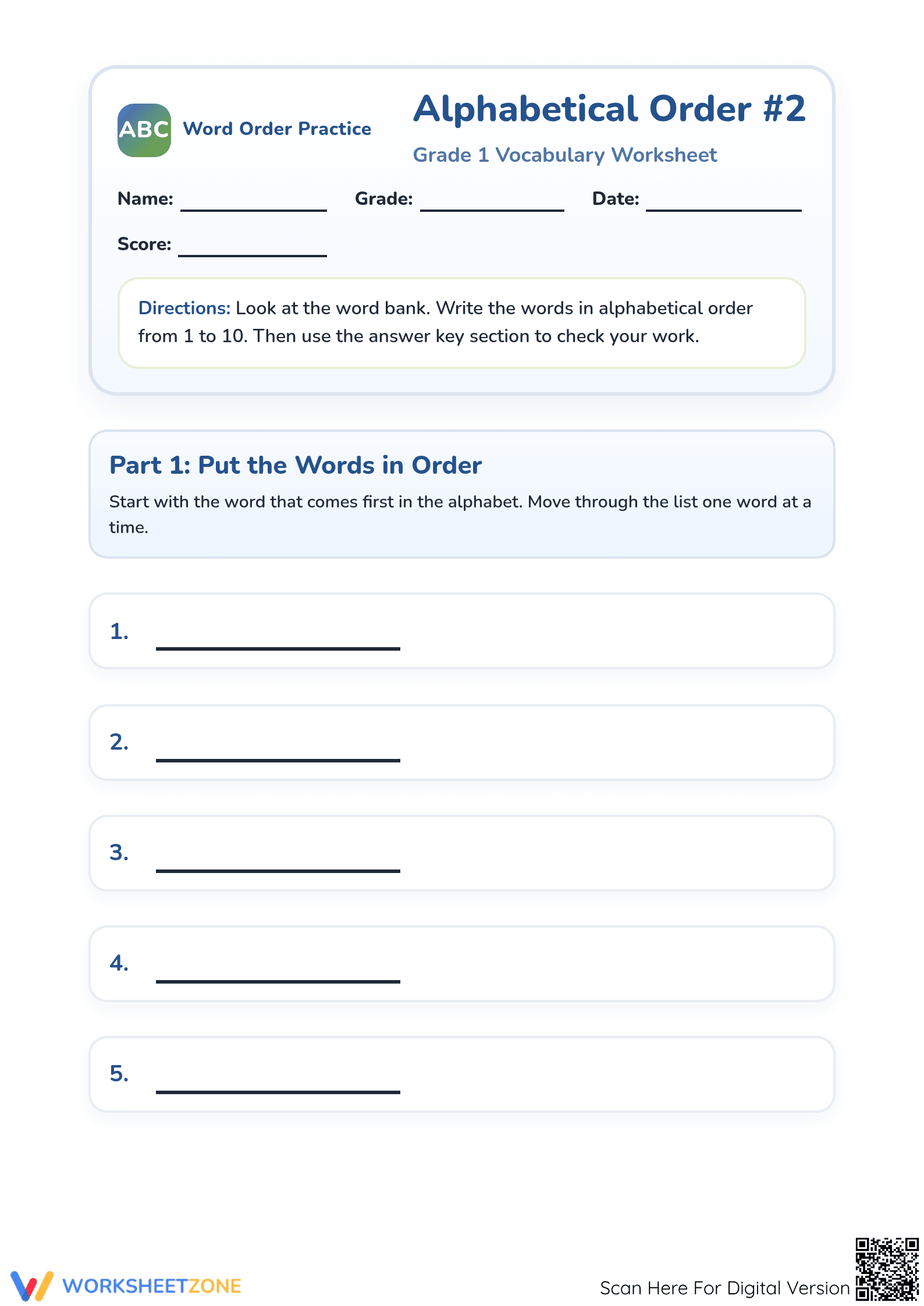 Printable Grade 1 Alphabetical Order Worksheet | ELA Aligned - Page 1