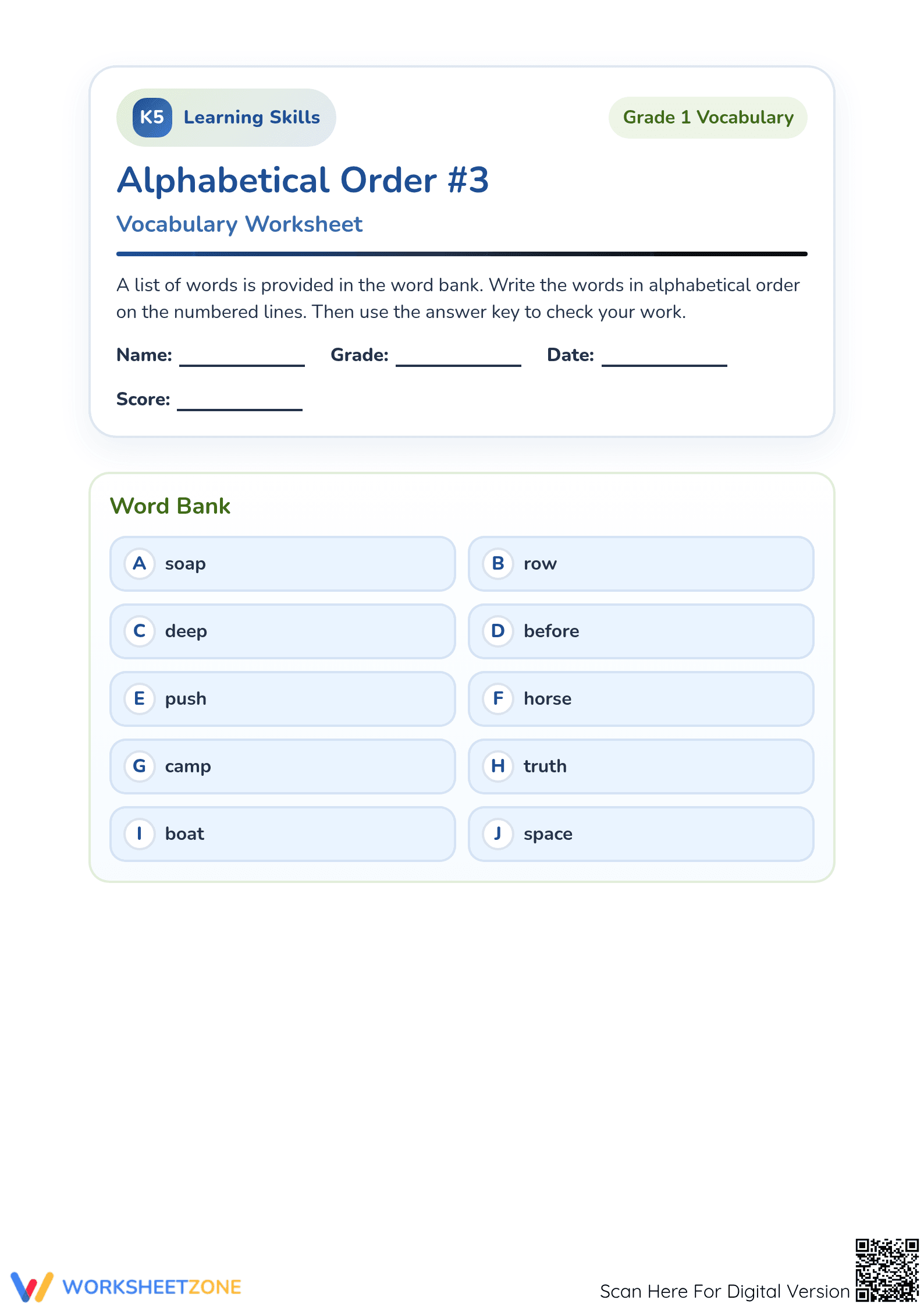 Printable Grade 1 Alphabetical Order & Vocabulary Practice - Page 1