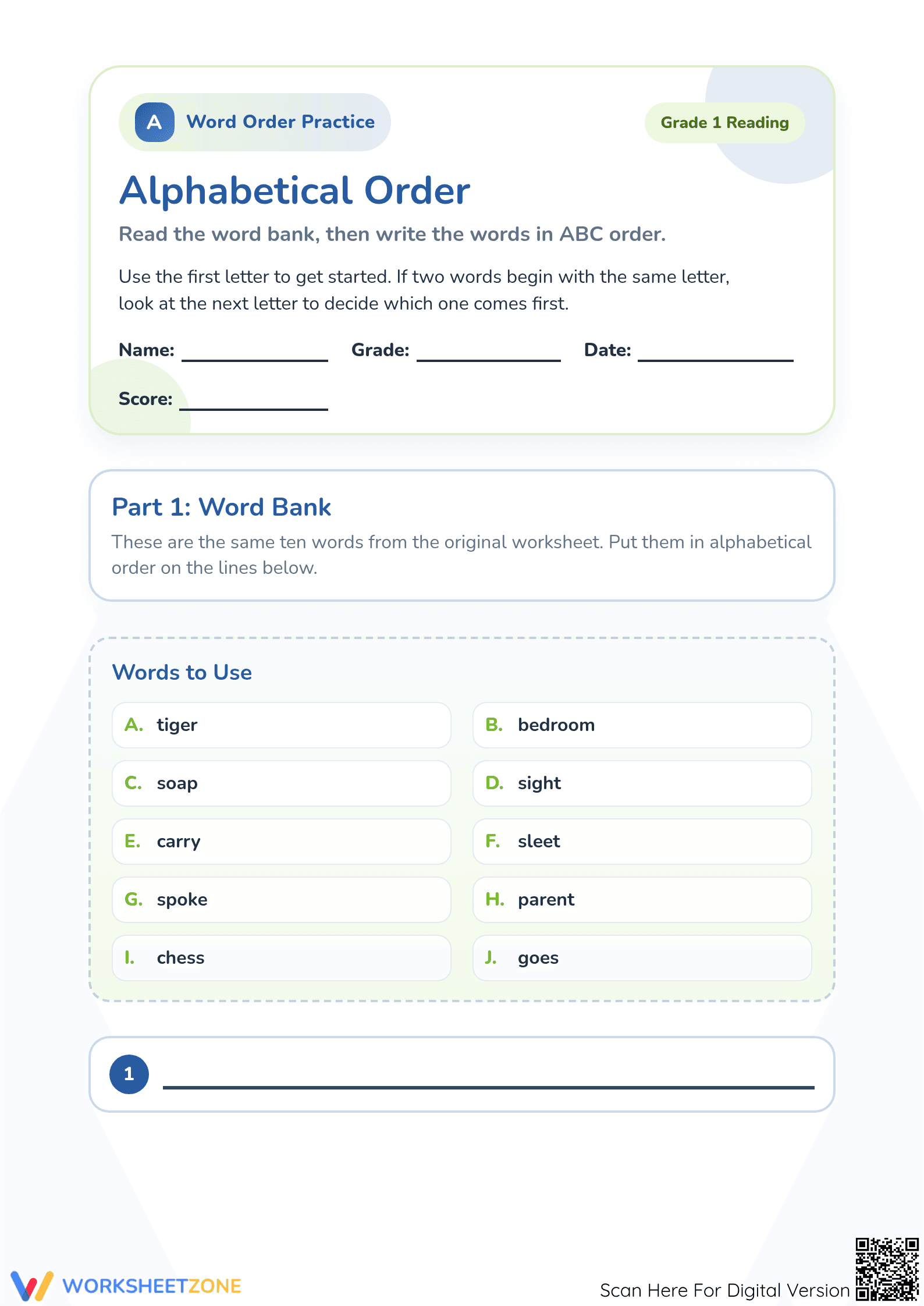 Alphabetical Order Worksheet | Grade 1 Printable ELA - Page 1