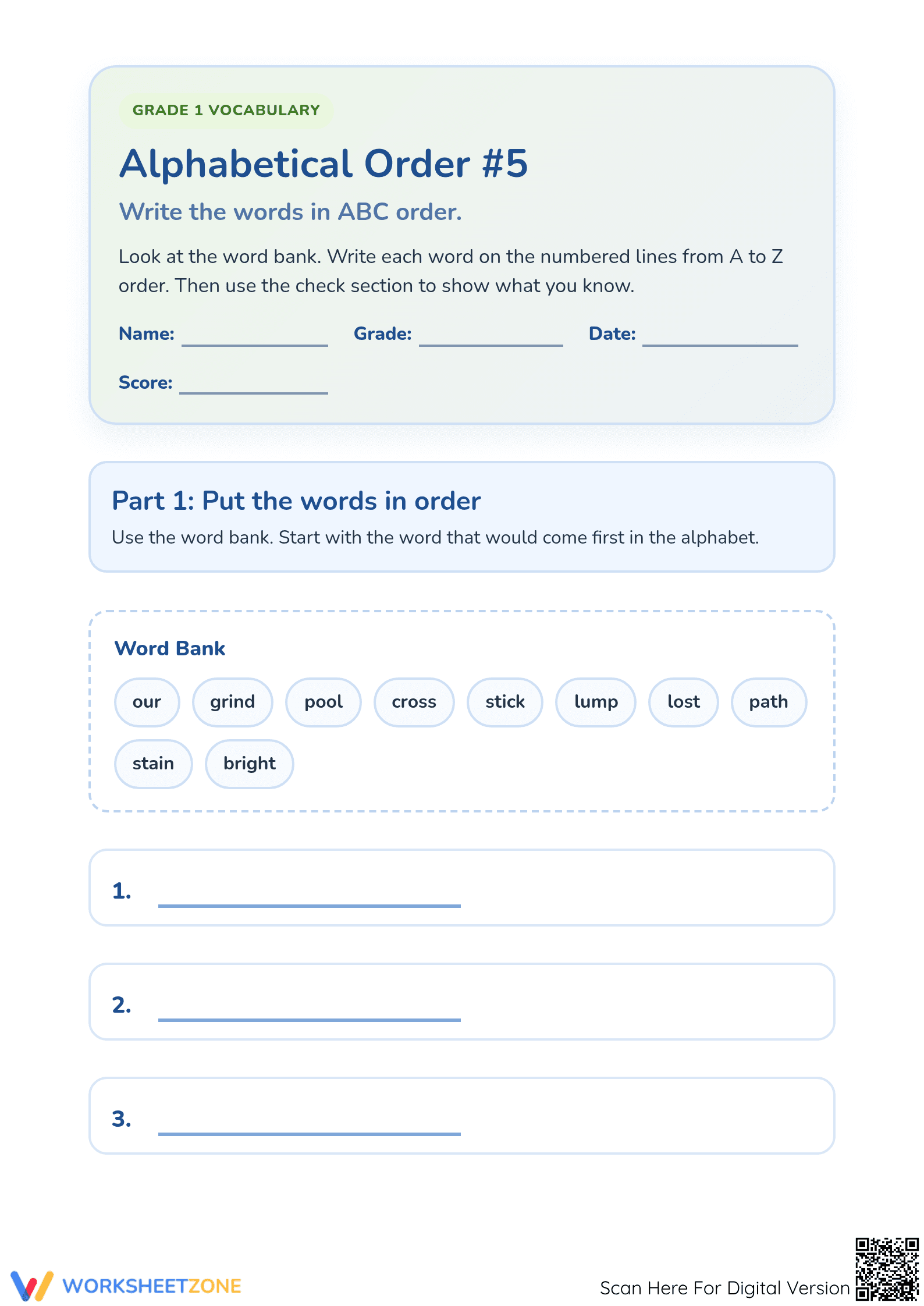 Printable Alphabetical Order Worksheet | Grade 1 ELA - Page 1