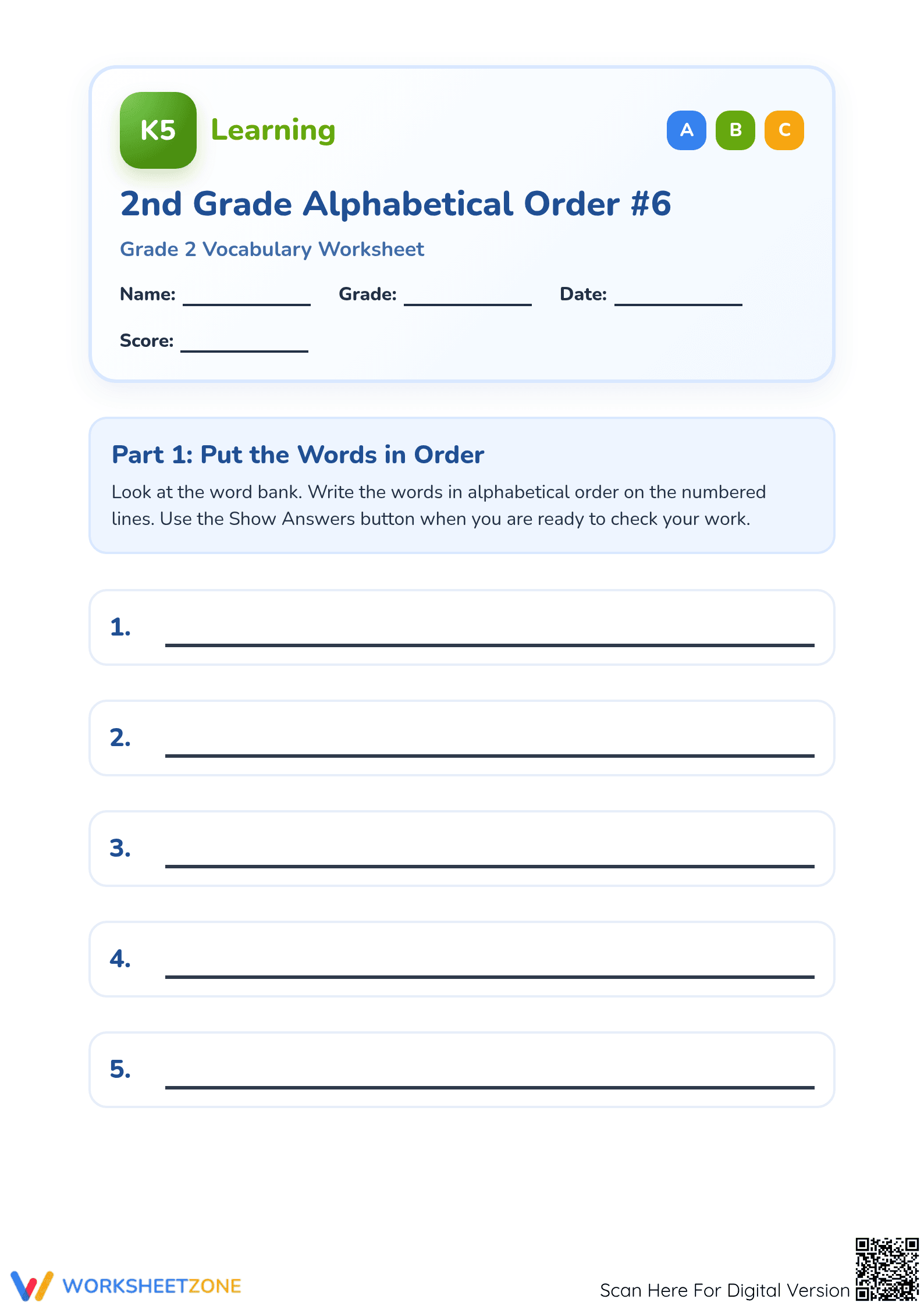 Alphabetical Order Practice Worksheet — Grade 1 Ready - Page 1