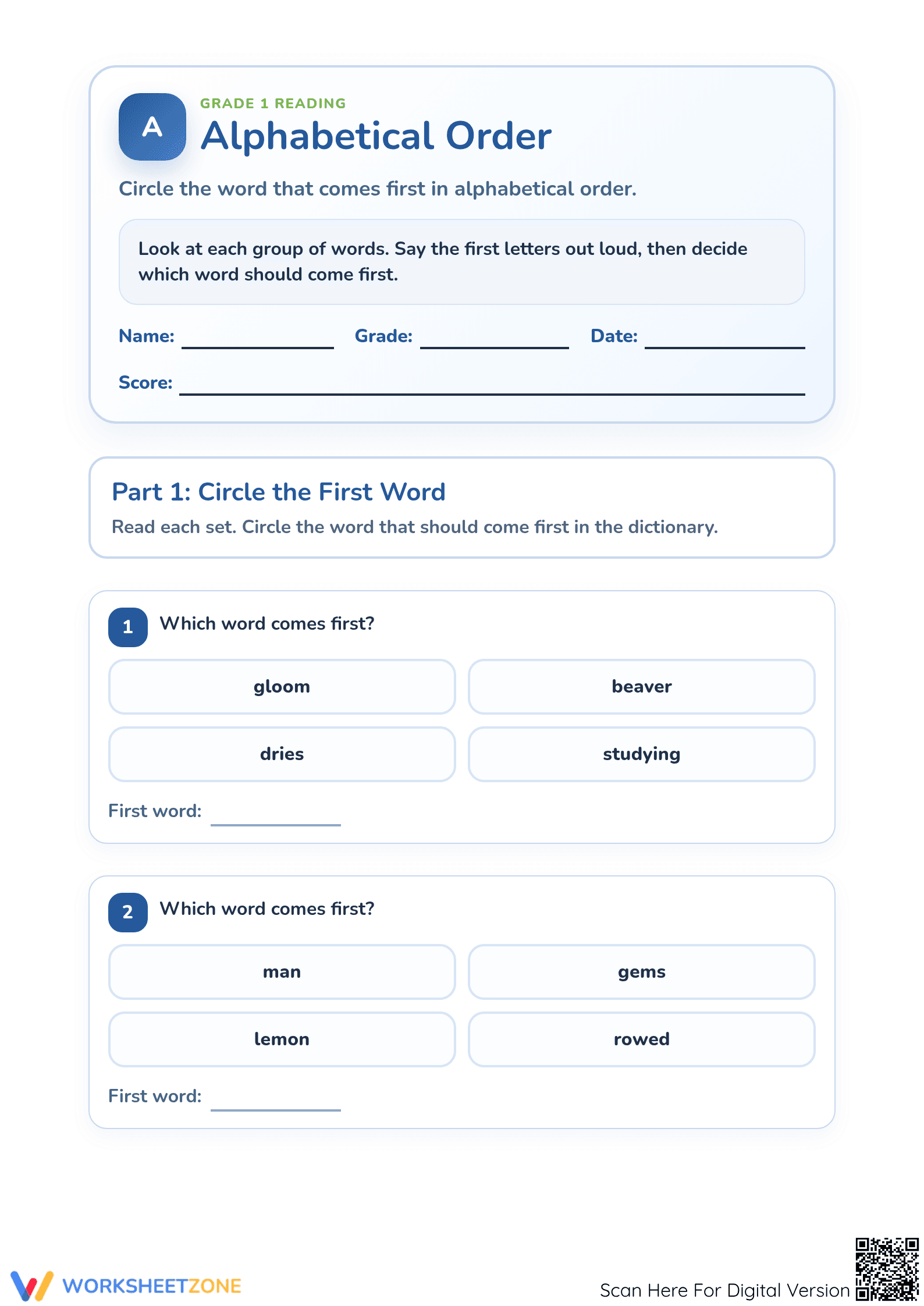 Printable Alphabetical Order Worksheet | Grade 1 ELA - Page 1