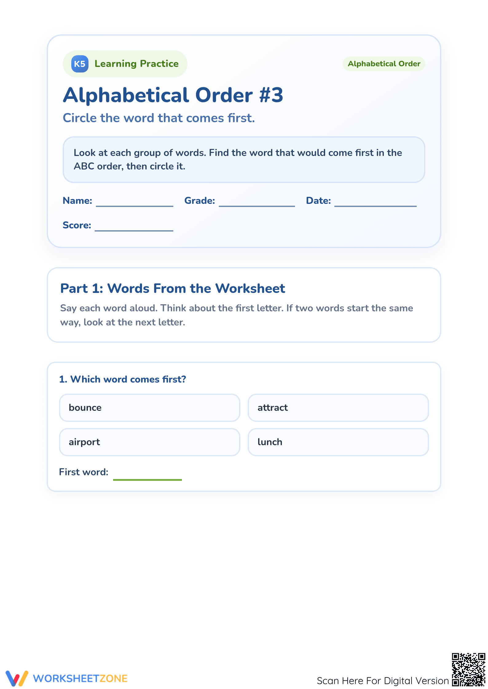 Printable Alphabetical Order Worksheet | Grade 1 ELA - Page 1