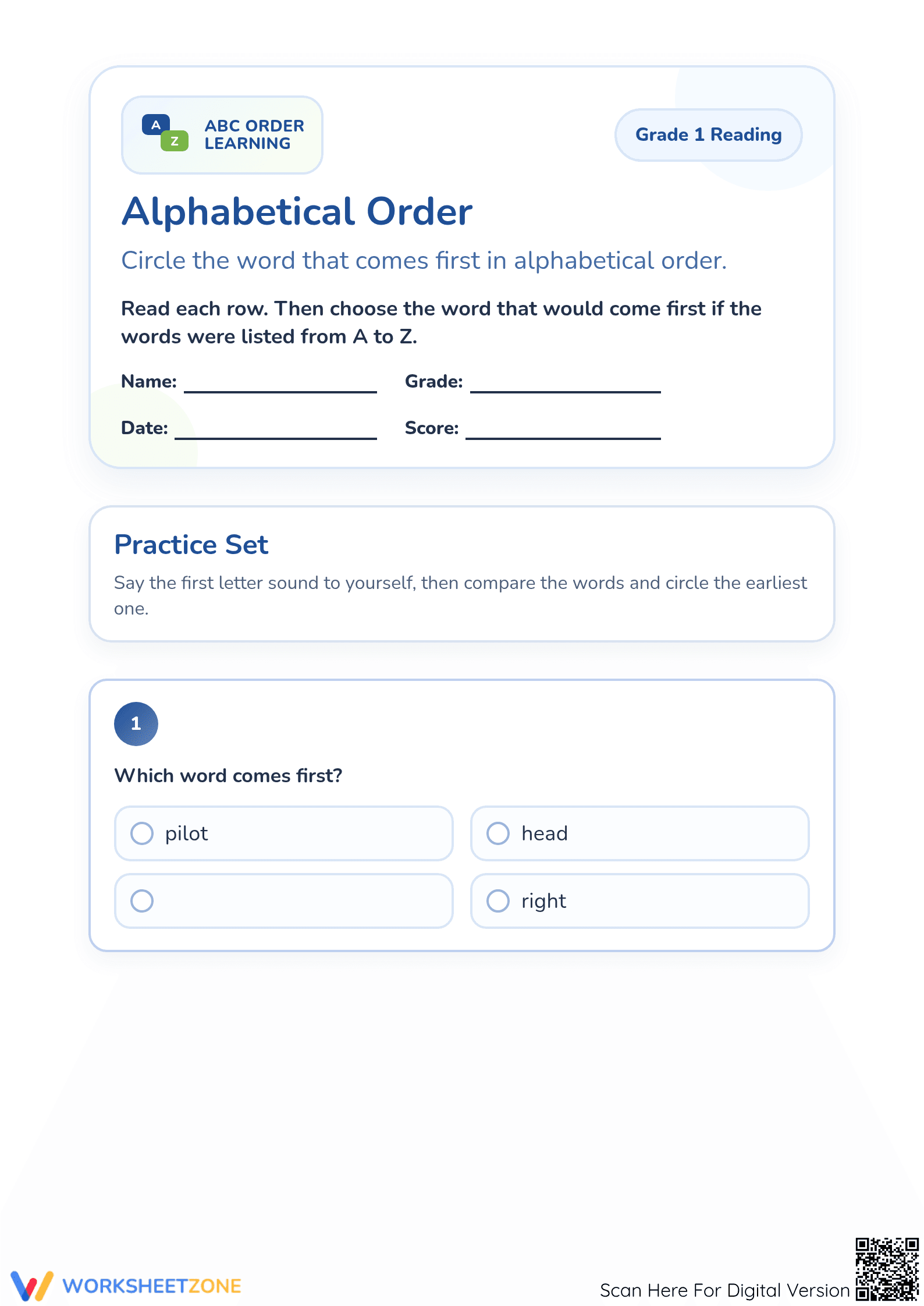 Grade 1 Alphabetical Order — Printable No-Prep Worksheet - Page 1