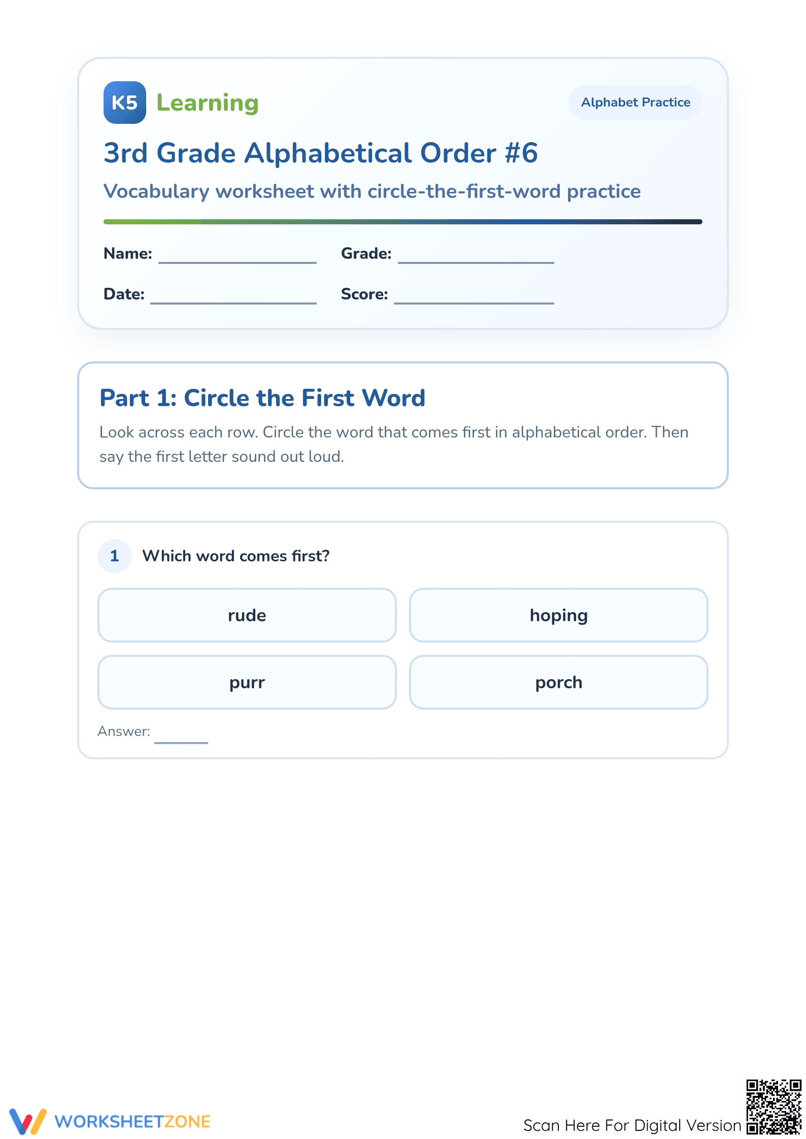 Printable Grade 1 ABC Order Worksheet | Essential Practice - Page 1
