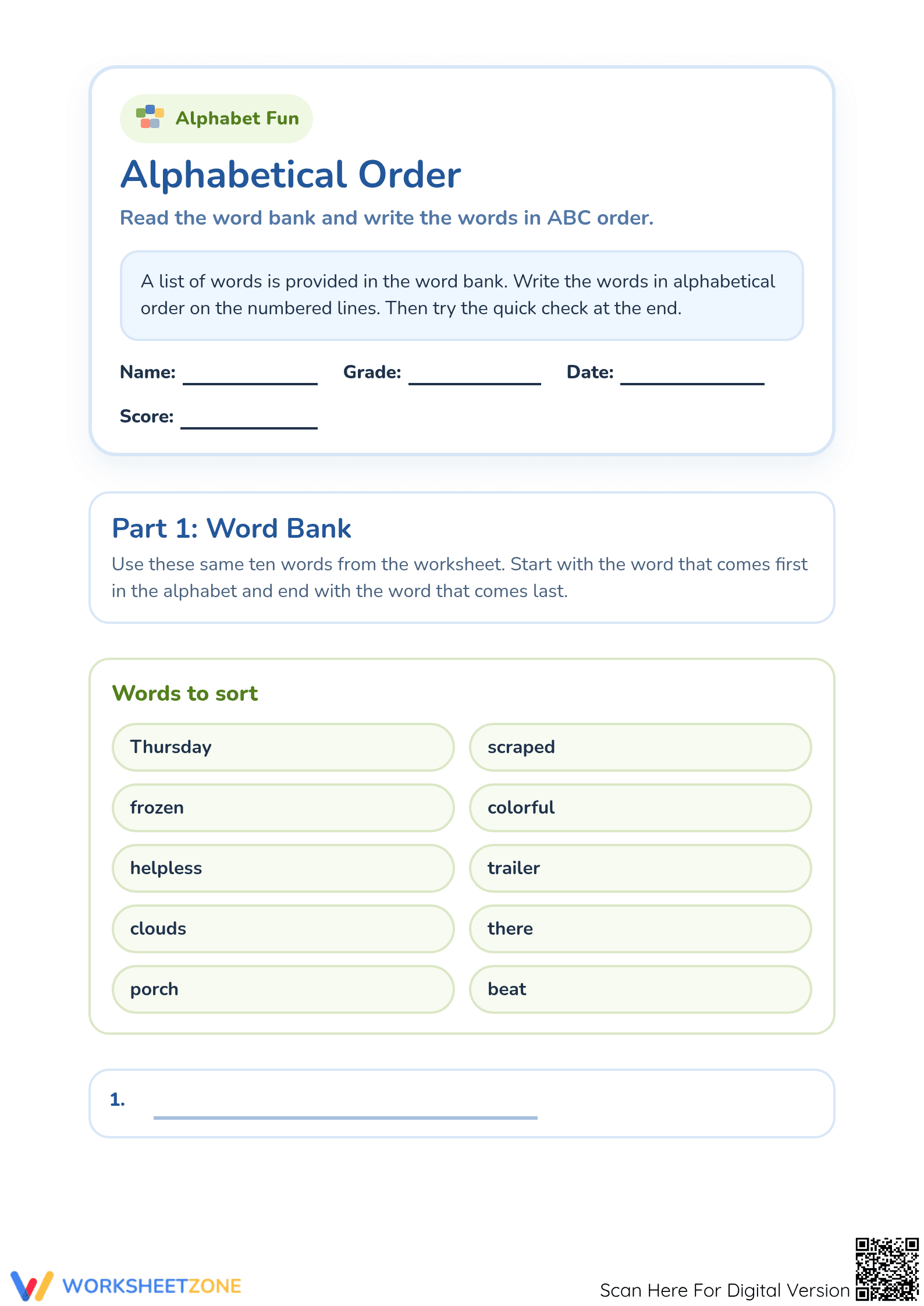 Printable ABC Order Worksheet | Grade 1 Alphabetical Order - Page 1