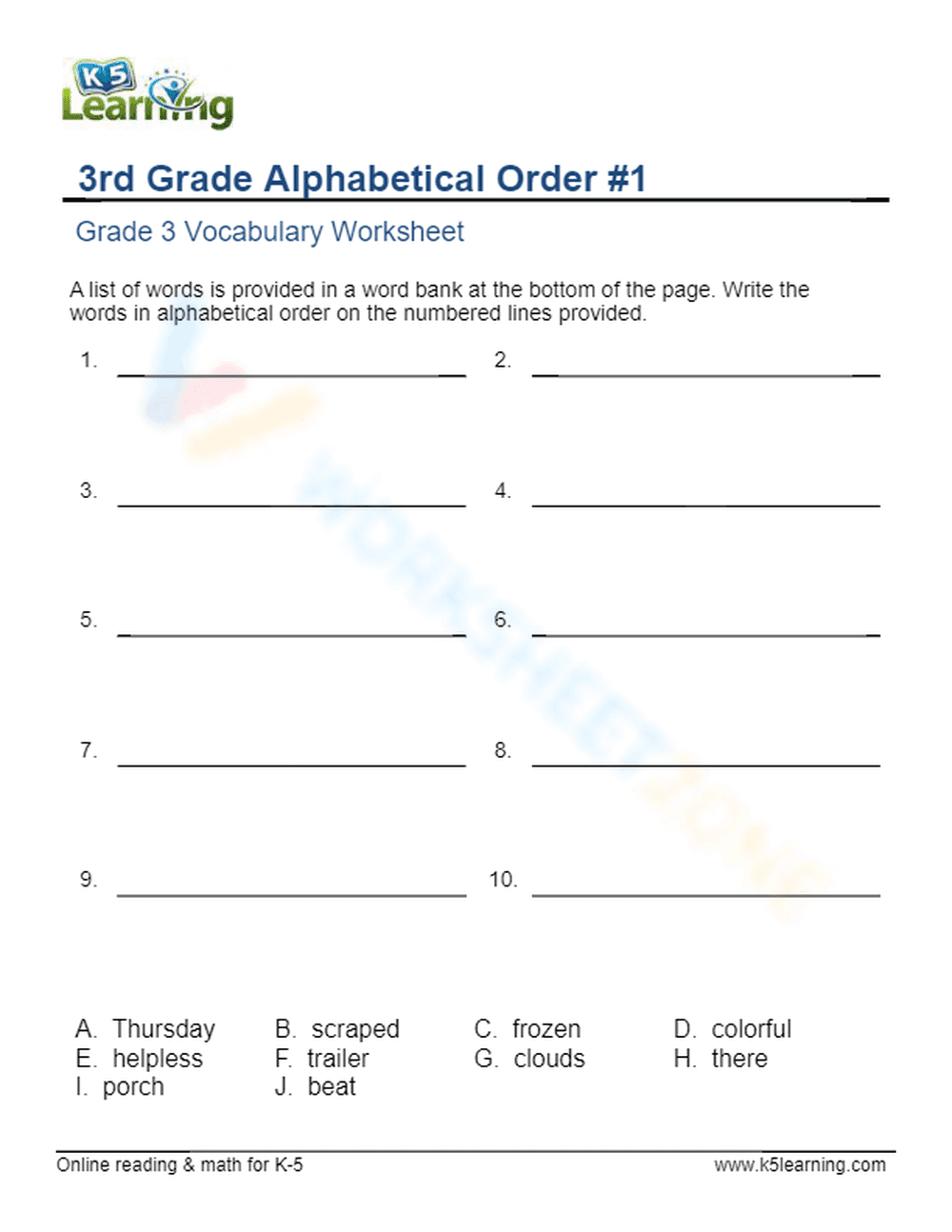 Grade 3 - Alphabetical order - Write 1 - Page 1