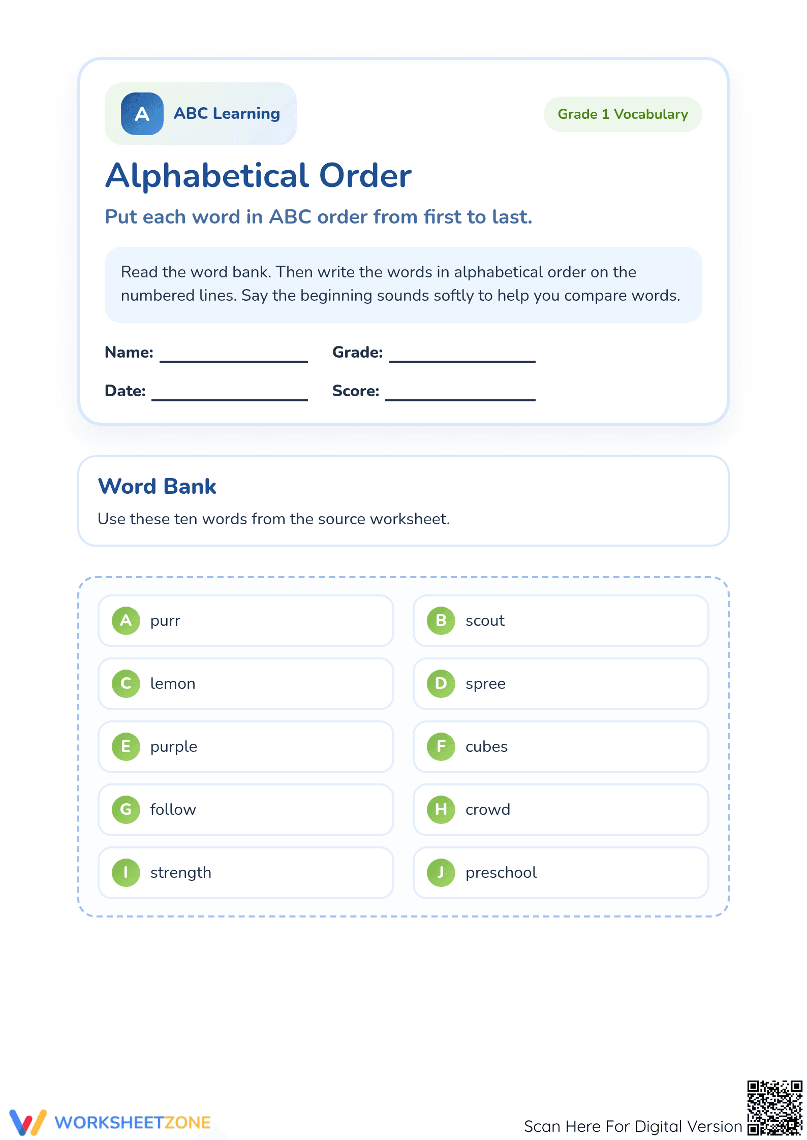 Printable Alphabetical Order Worksheet | Grade 1 ELA - Page 1