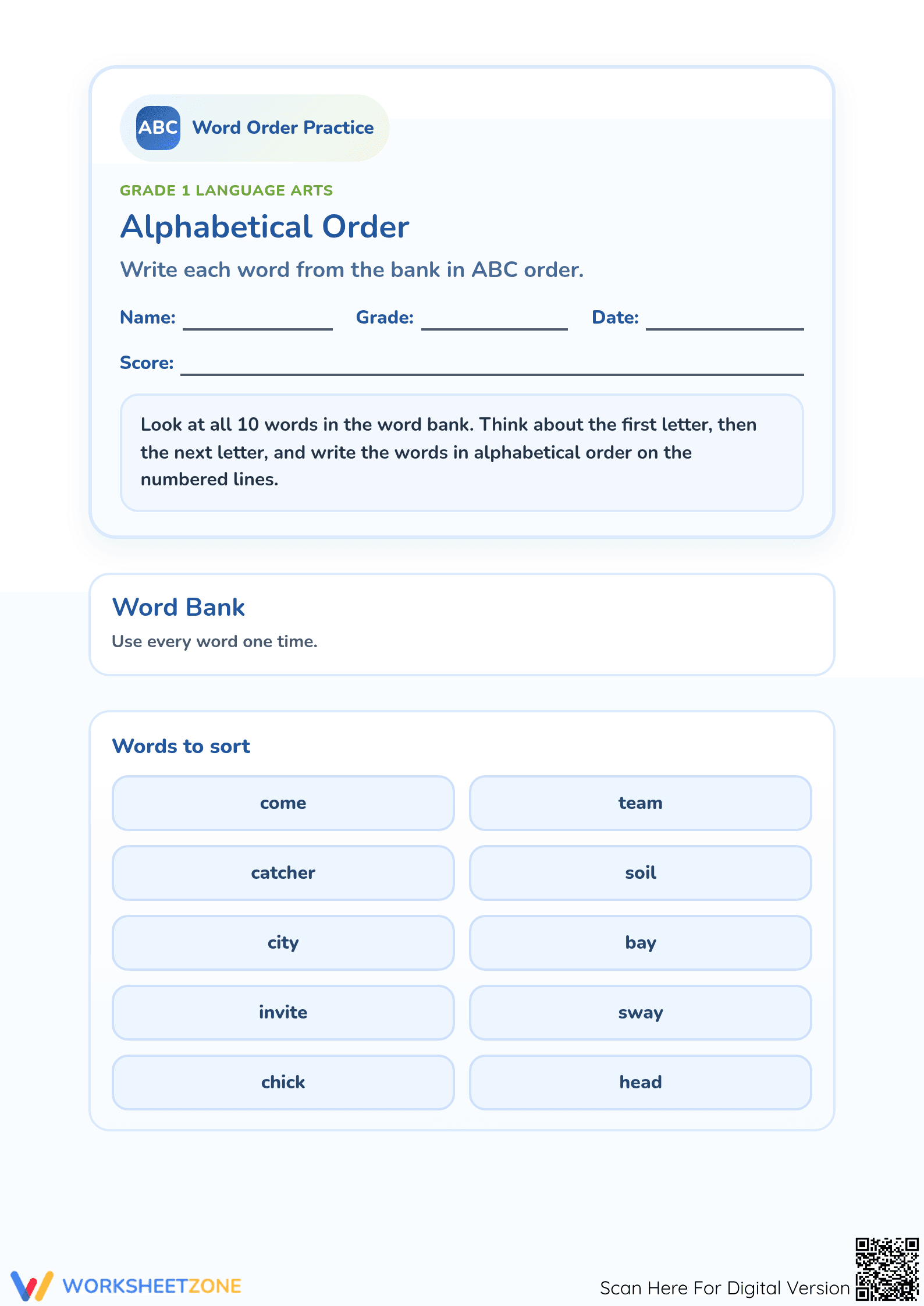 Printable Grade 1 Alphabetical Order Worksheet - Page 1