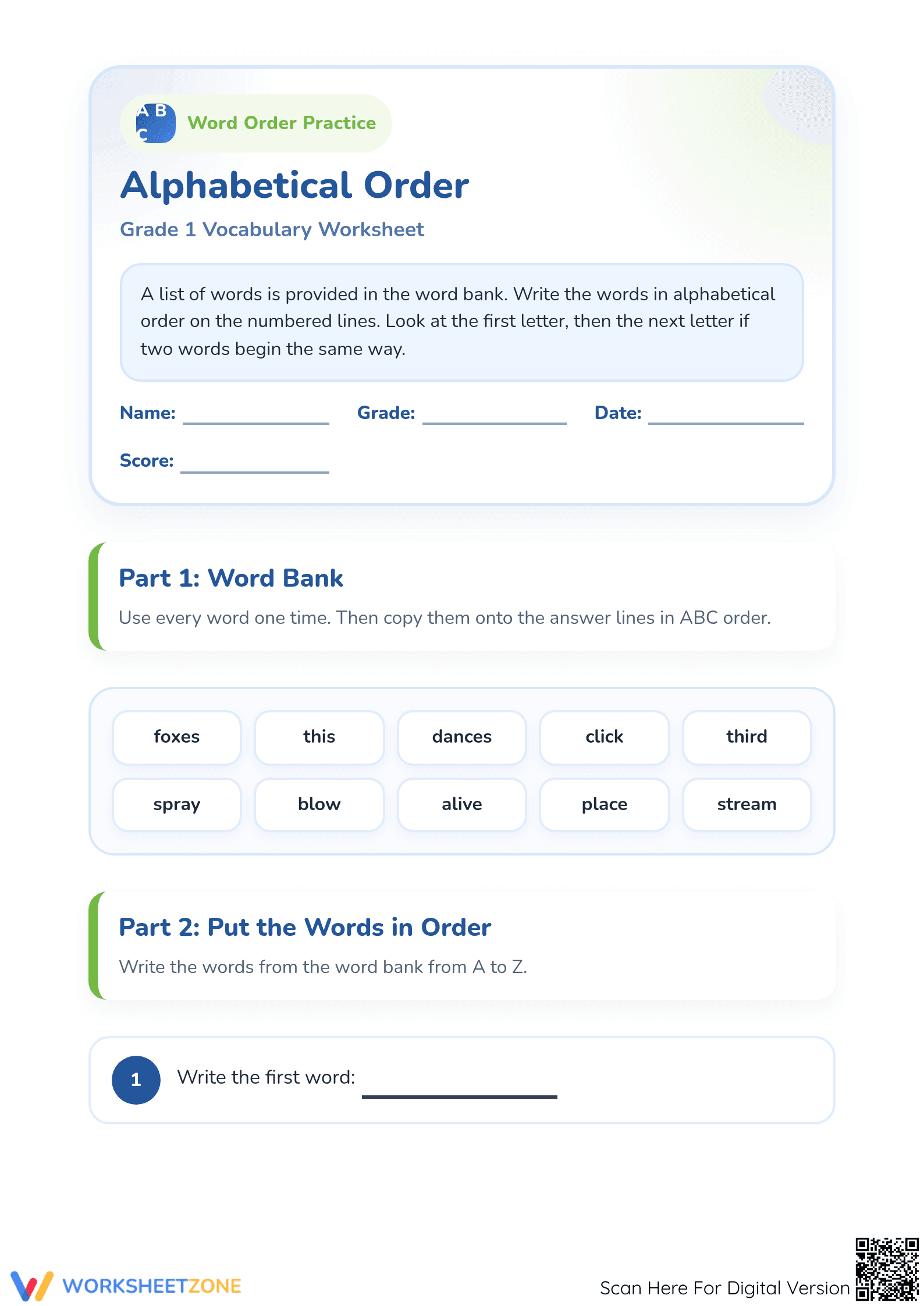 Alphabetical Order Worksheet | Printable Grade 1 ELA - Page 1