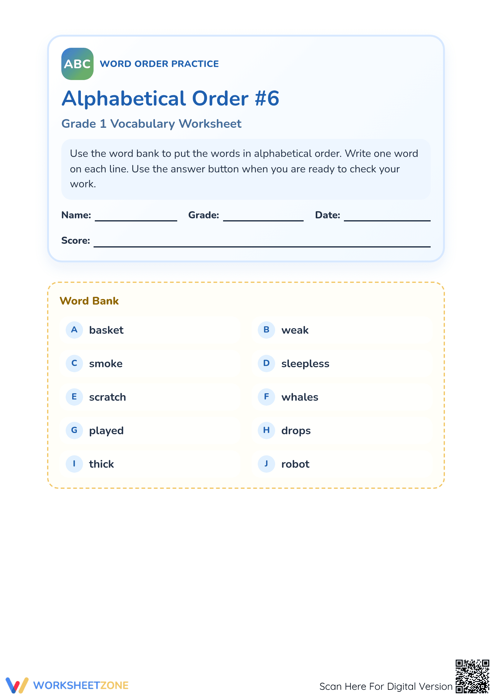 Printable Alphabetical Order Worksheet | Grade 1 ELA - Page 1