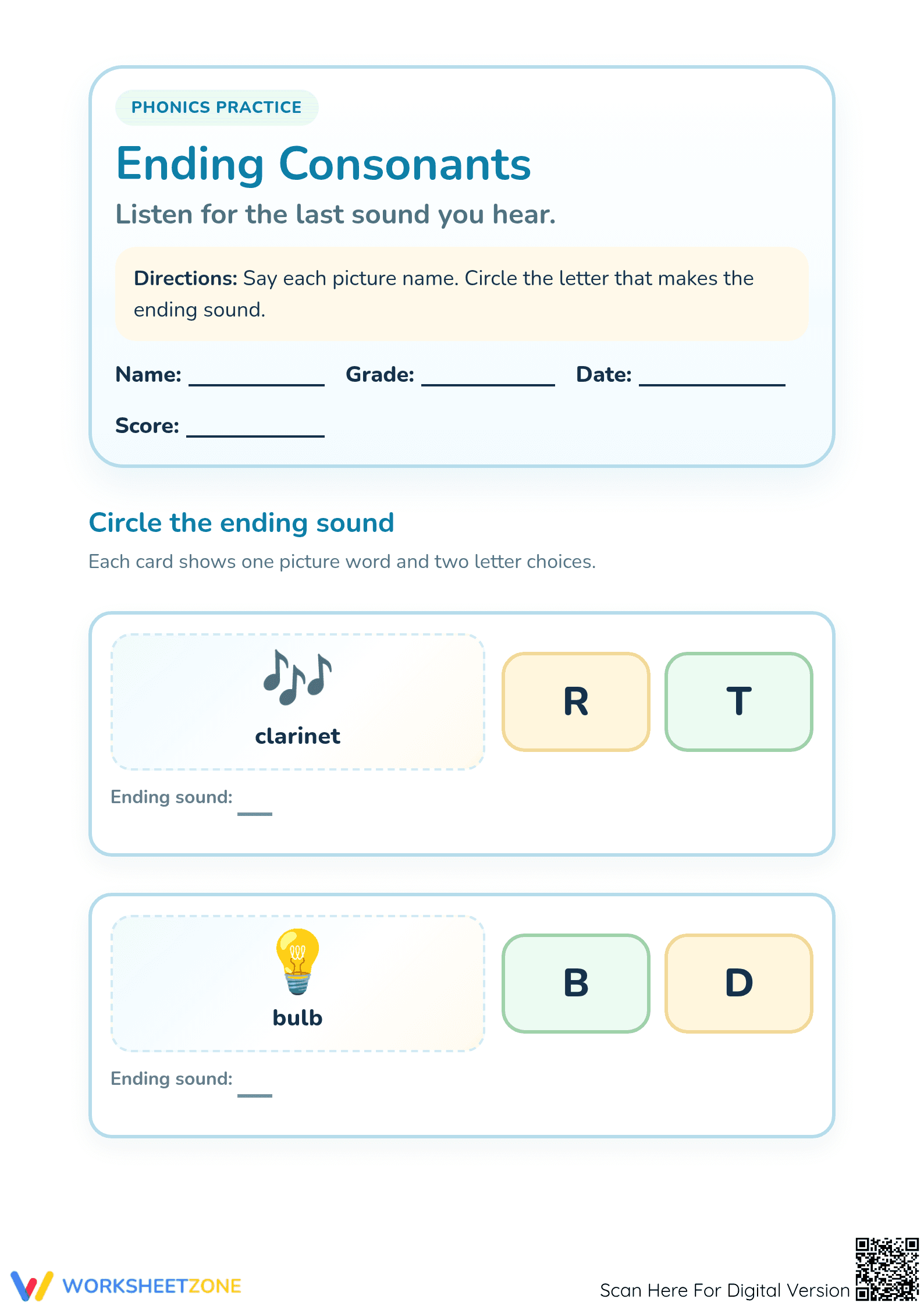 Ending Consonants Worksheet: Preschool ELA Printable - Page 1