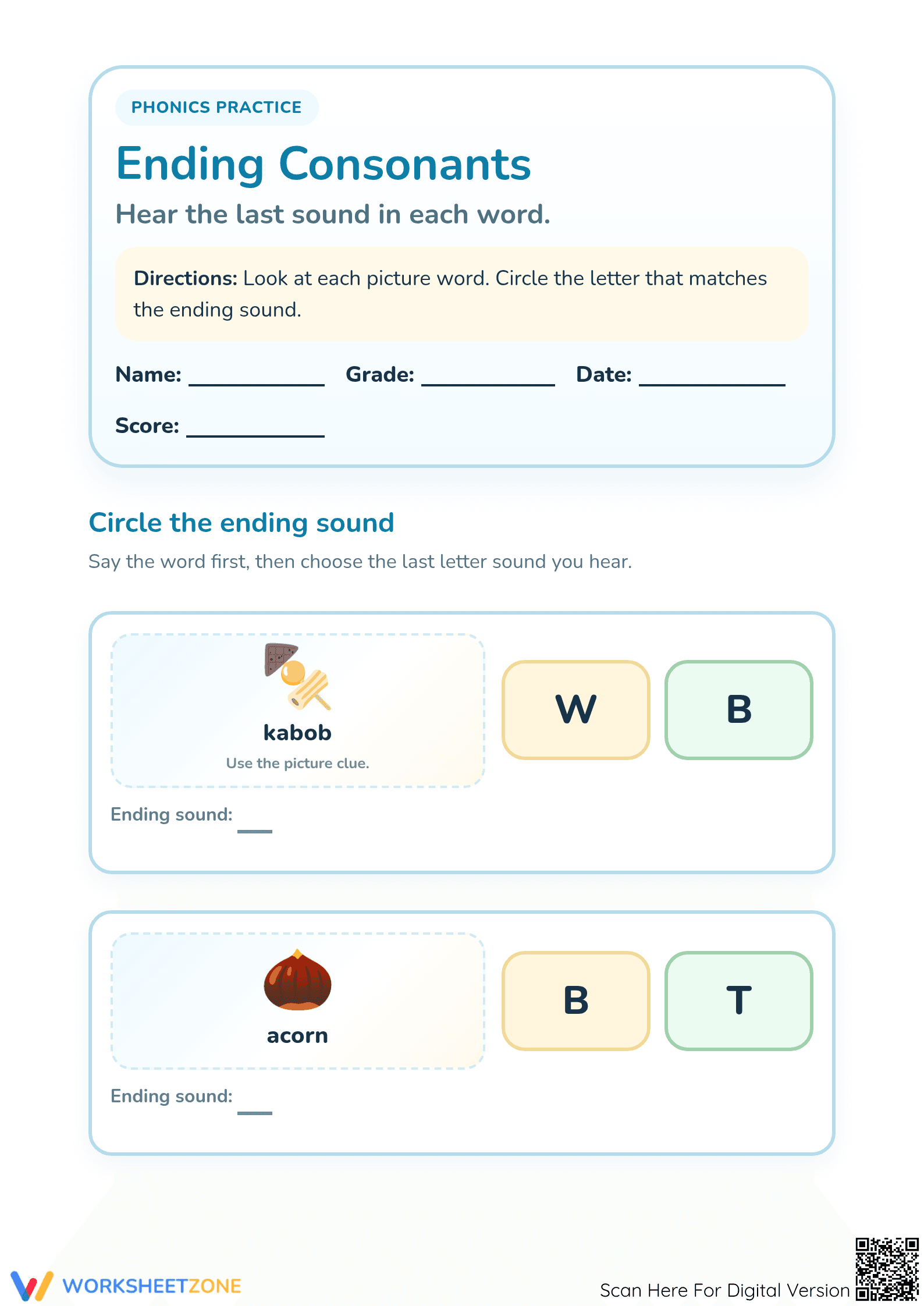 Printable Ending Consonants Worksheet | Preschool ELA - Page 1
