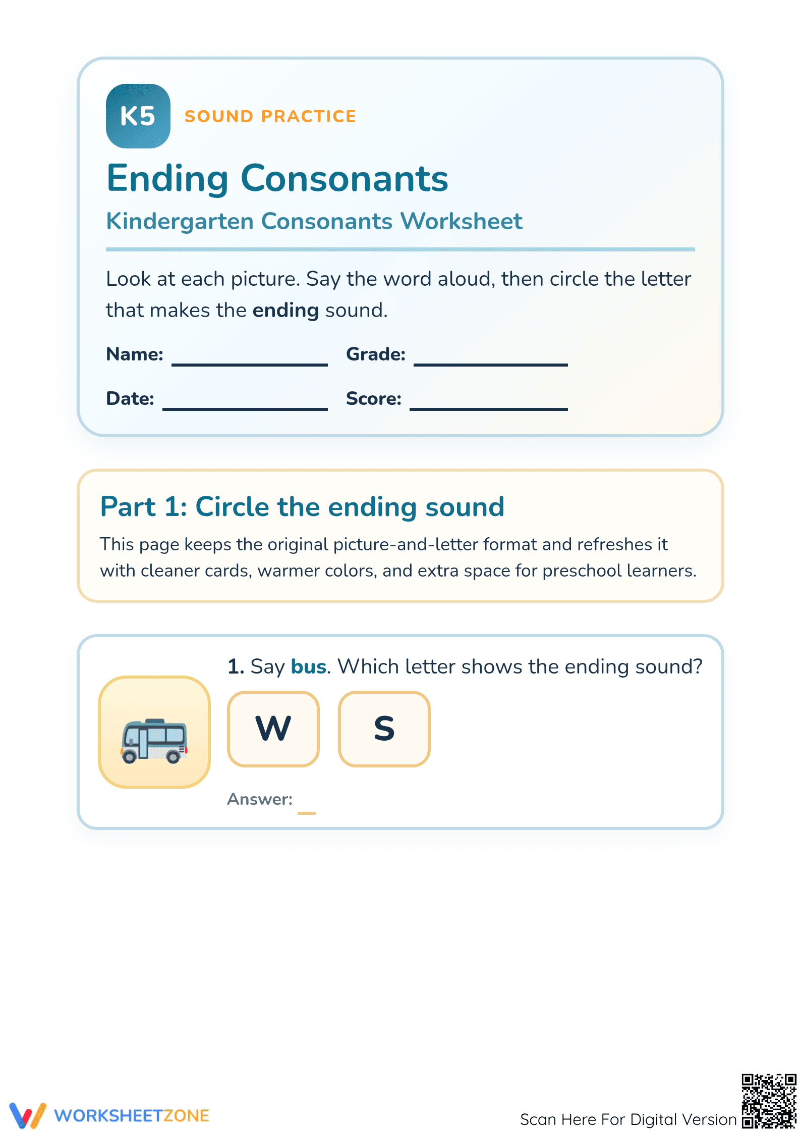 Ending Consonants Worksheet | Essential Preschool ELA - Page 1