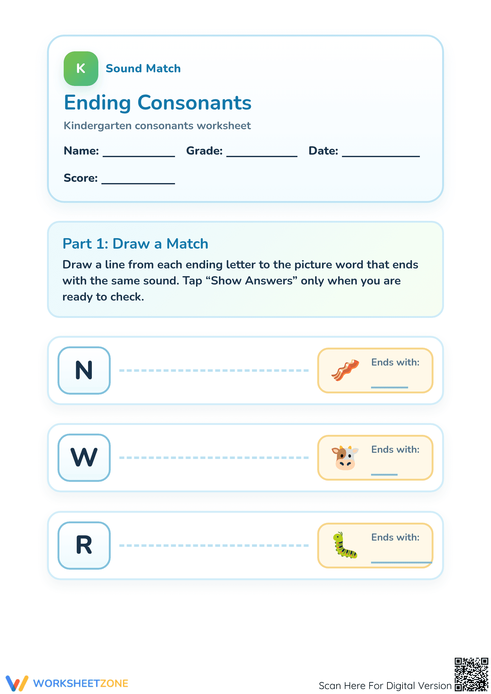 Printable Ending Consonants Match | Grade K Phonics - Page 1