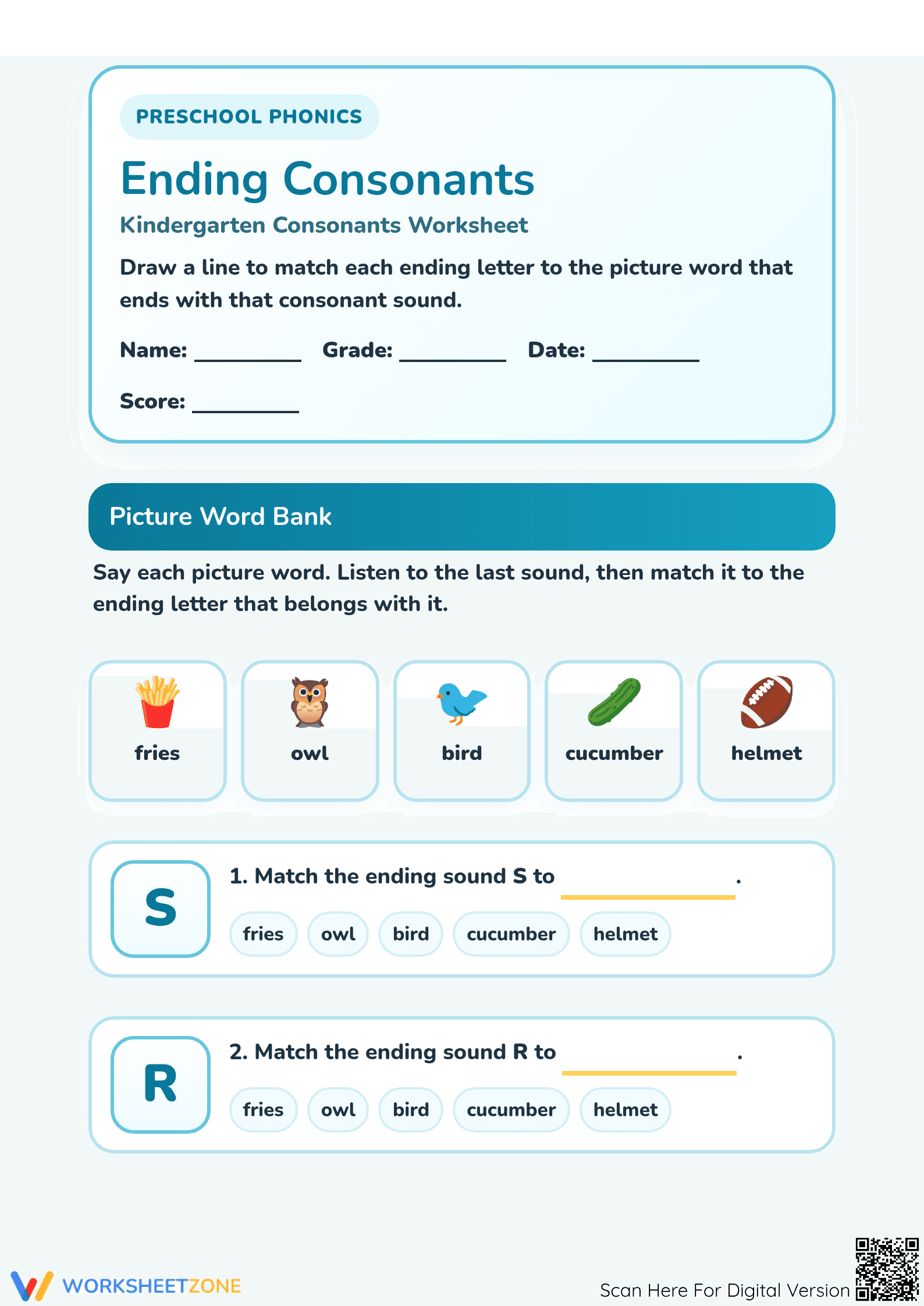 Printable Ending Consonants Worksheet | Preschool Phonics - Page 1