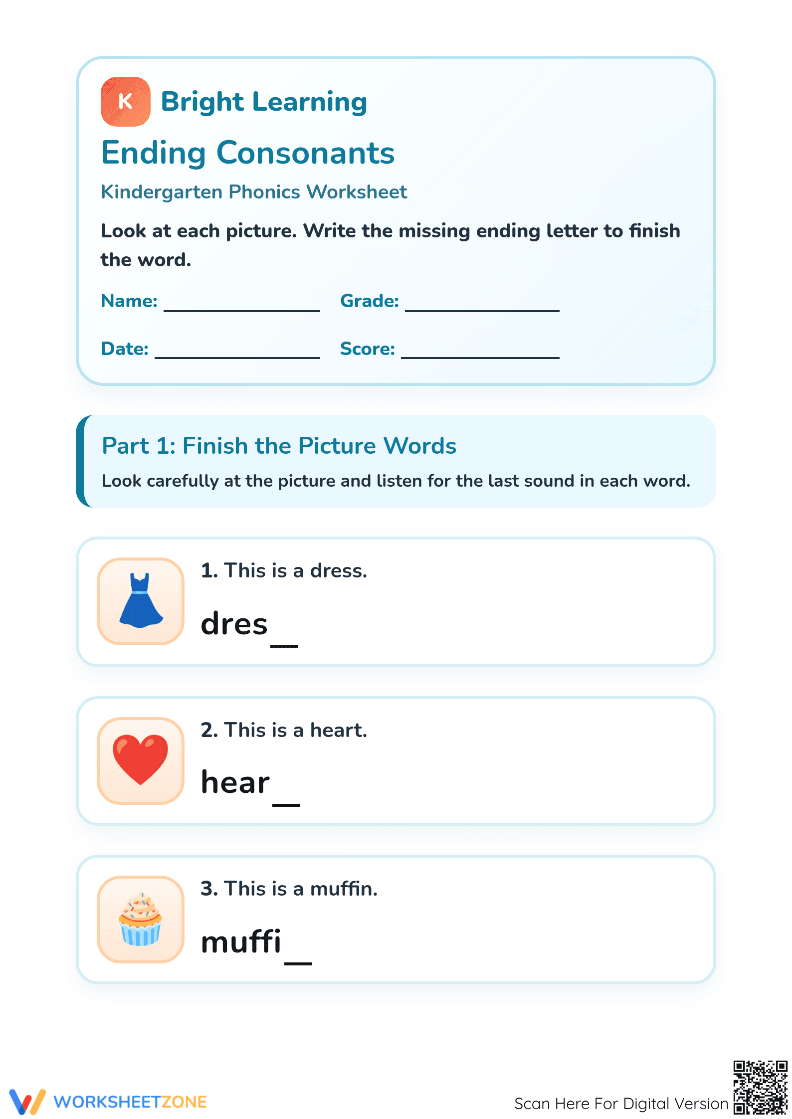 Printable Ending Consonants Phonics Worksheet — Grade K - Page 1