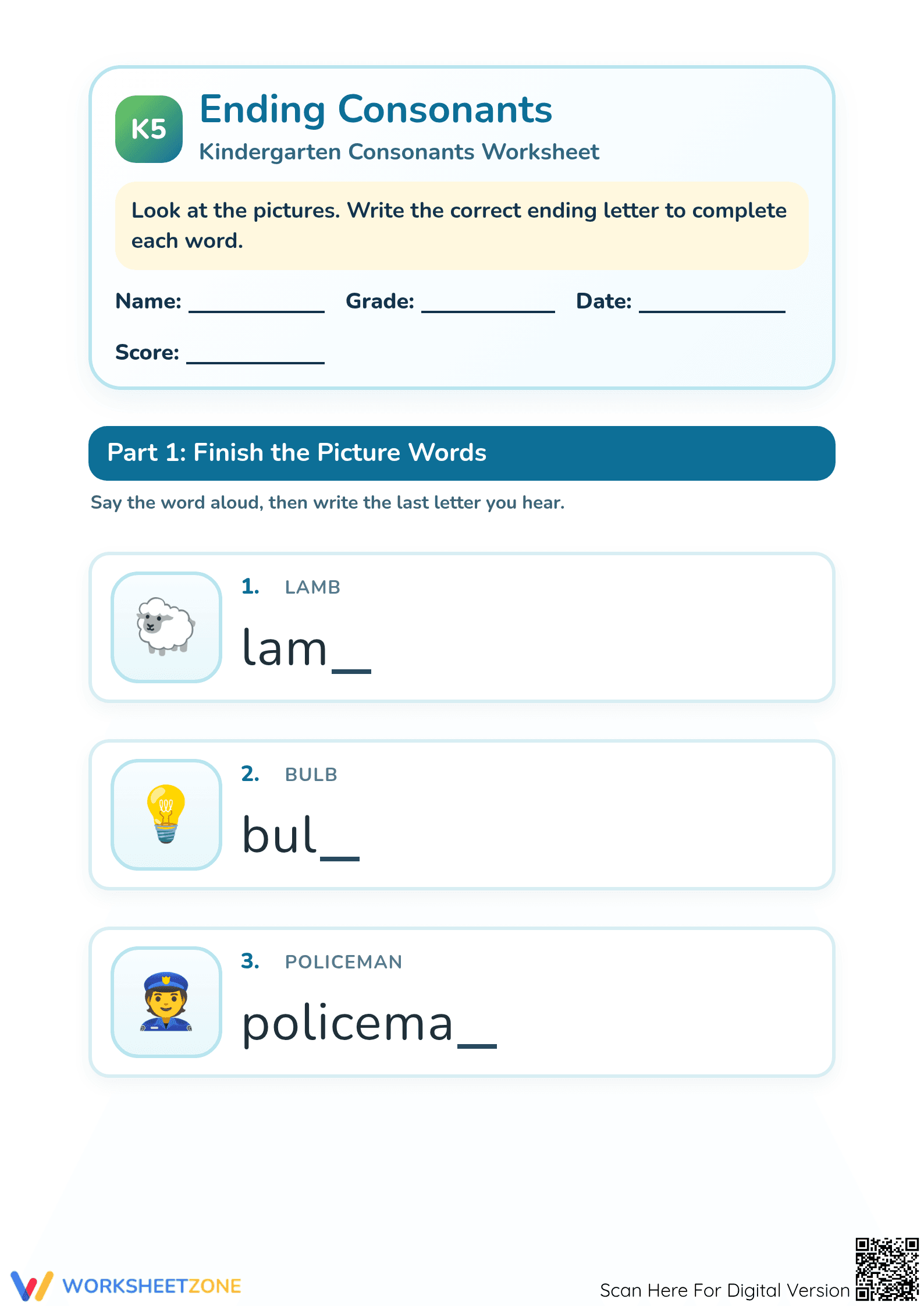 Ending Consonants Worksheet | Kindergarten Phonics Printable - Page 1