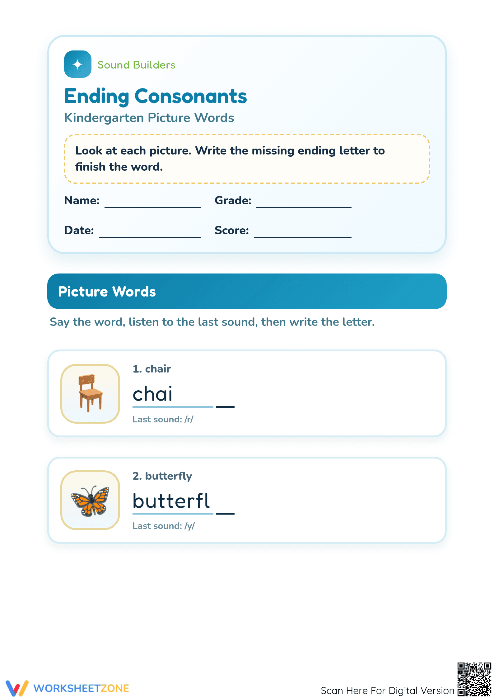 Printable Ending Consonants Worksheet | Kindergarten ELA - Page 1