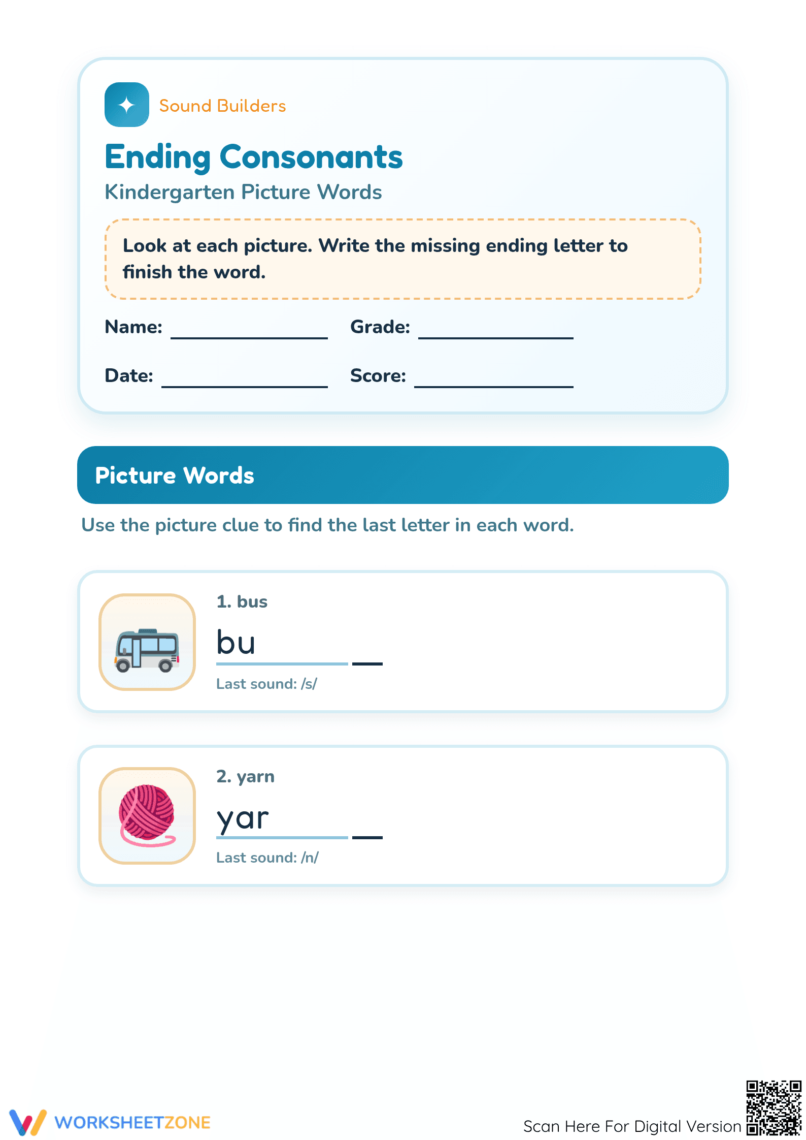 Essential Ending Consonants Worksheet for Kindergarten - Page 1