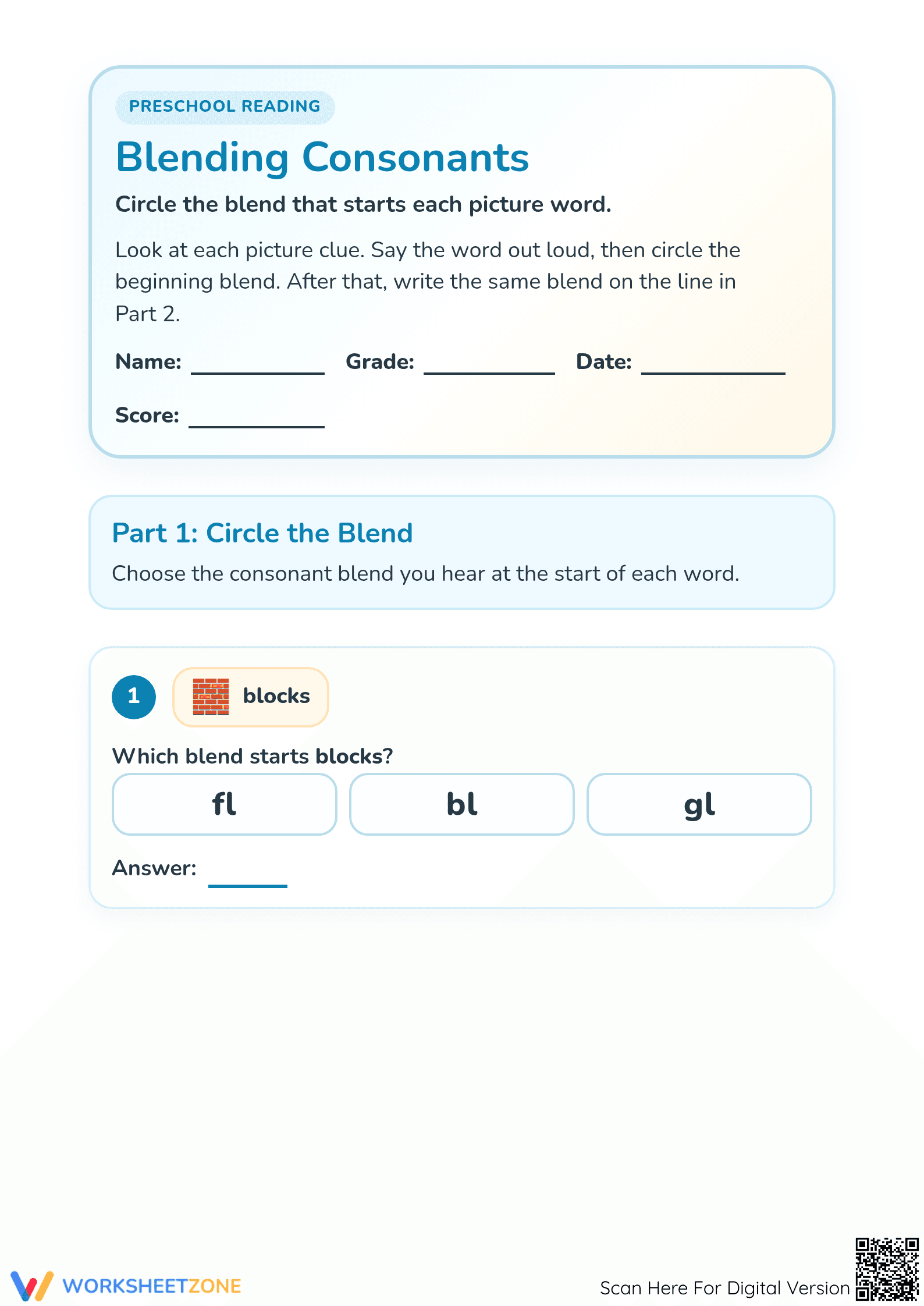 Consonant Blends Worksheet: Printable Phonics for Preschool - Page 1