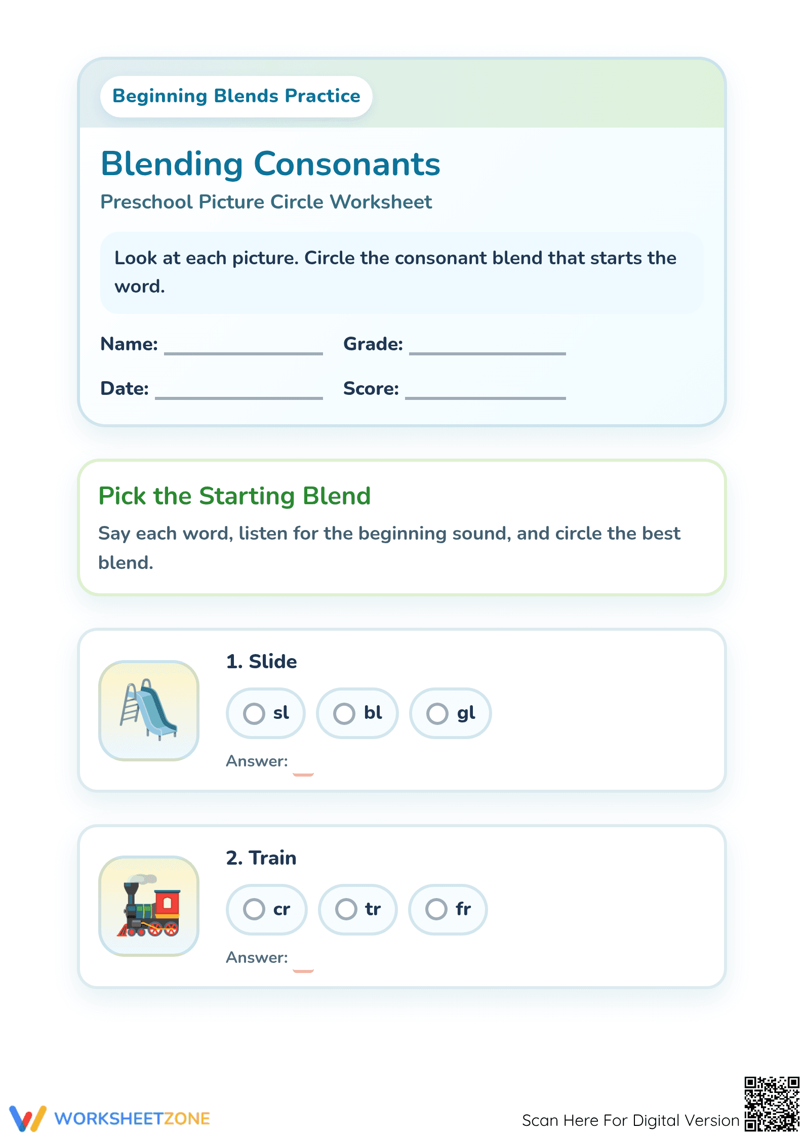 Preschool Consonant Blends — Printable No-Prep Worksheet - Page 1