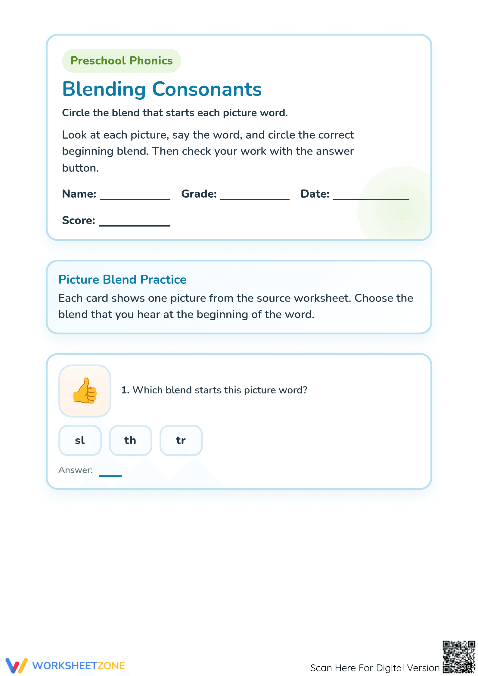 Printable Consonant Blends Phonics Worksheet for Preschool - Page 1
