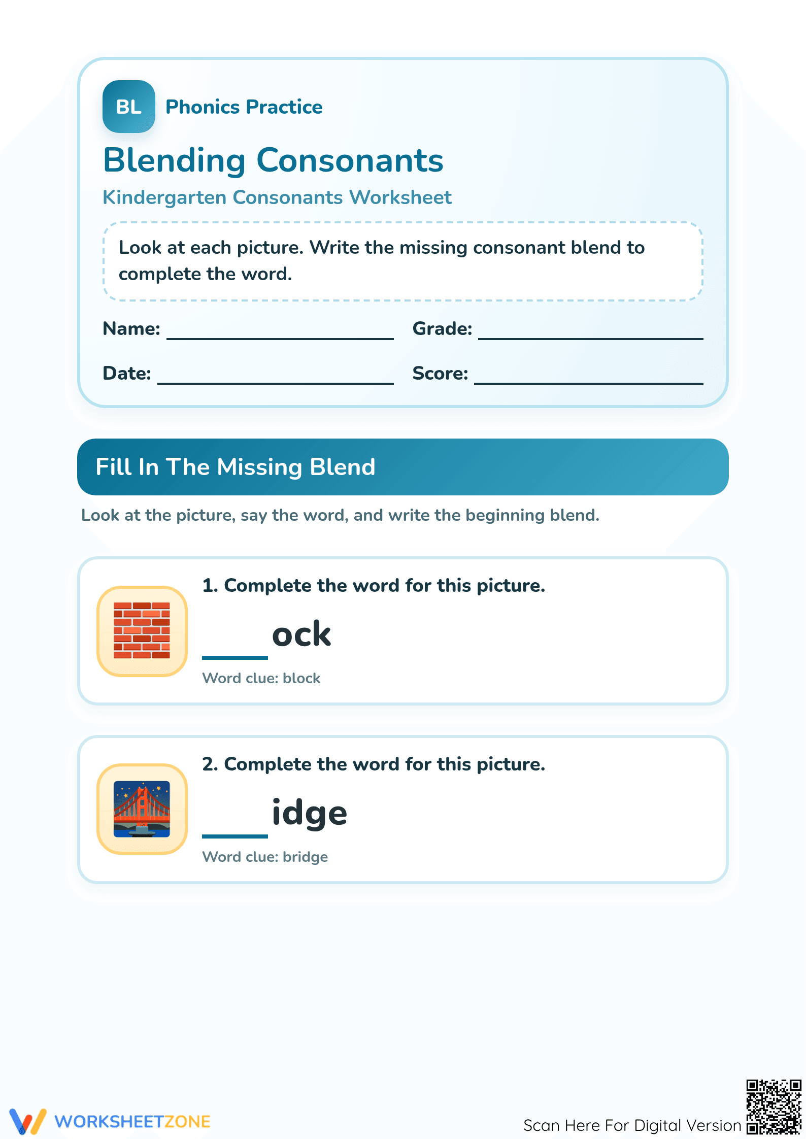 Printable Consonant Blends Worksheet | Grade 1 Phonics - Page 1