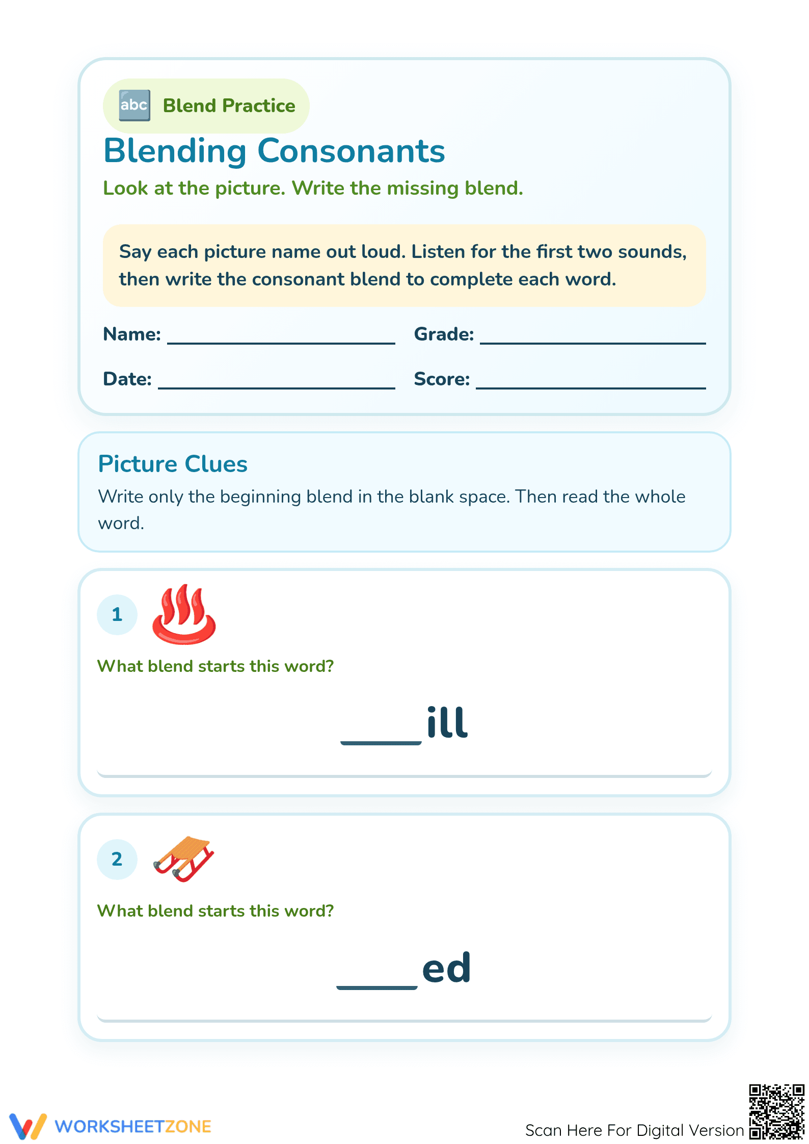 Printable Consonant Blends Worksheet | Grade 1 ELA - Page 1