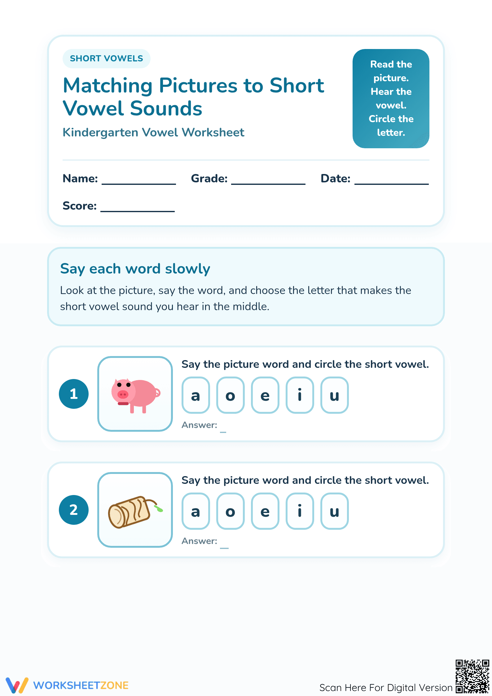 Grade K Short Vowel Sounds — Printable No-Prep Worksheet - Page 1